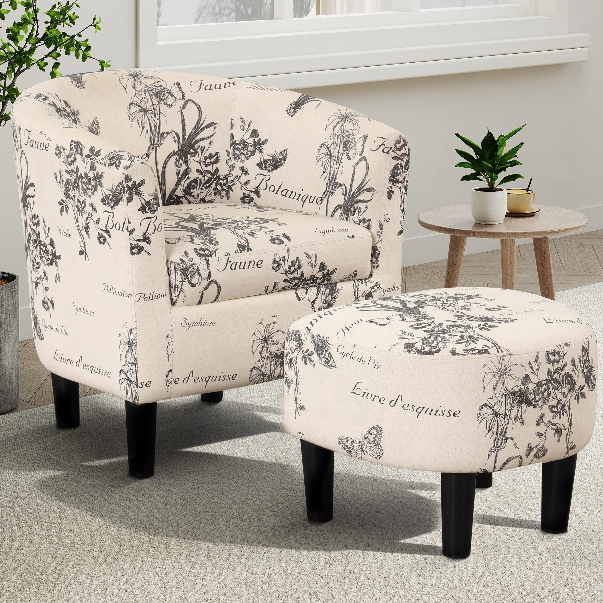CANMOV Relaxsessel Akzentstuhl mit Hocker für Schlafzimmer, Wohnzimmer, Blumenmuster (1-St), Sessel mit hoher Federkraft und stabiler Rückenlehne