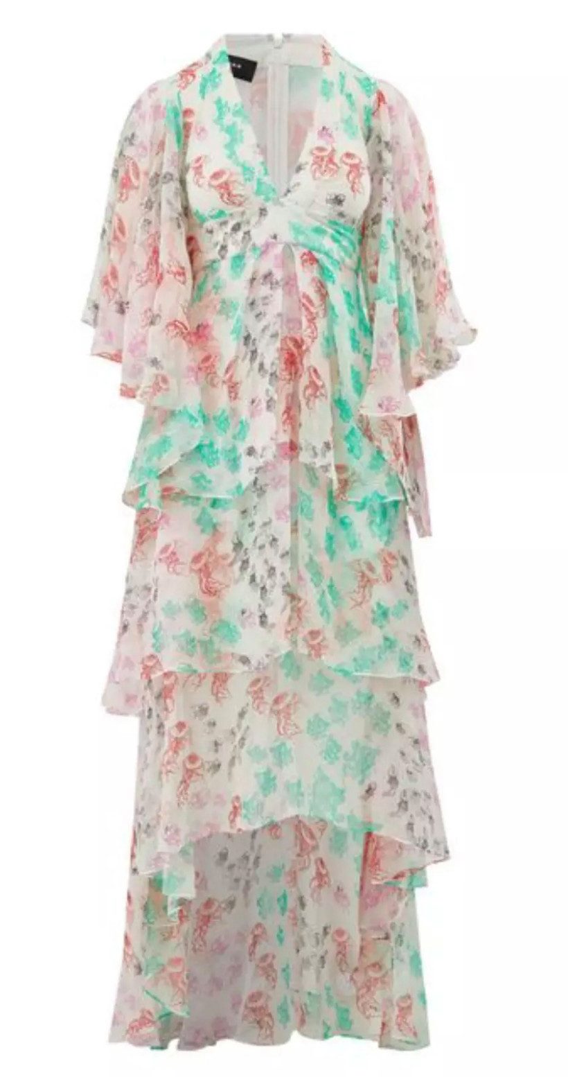 Rochas Maxikleid Seidenkleid S lockere Passform, V-Ausschnitt, kurze Ärmel, Rüschendetails