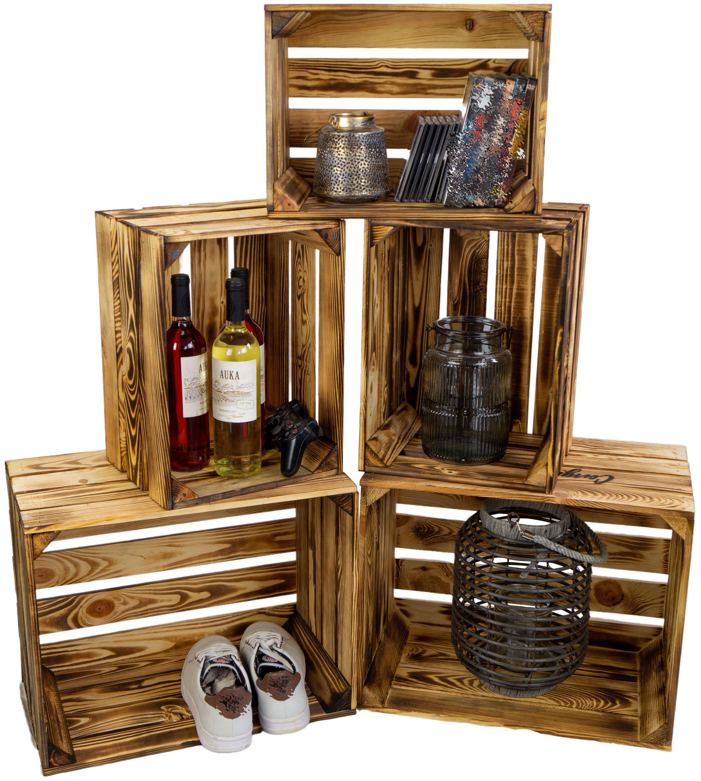 Allzweckkiste 5er Set Vintage Kisten geflammt 50x40x29cm & 40x30x25cm Möbelkisten (Spar-Set)