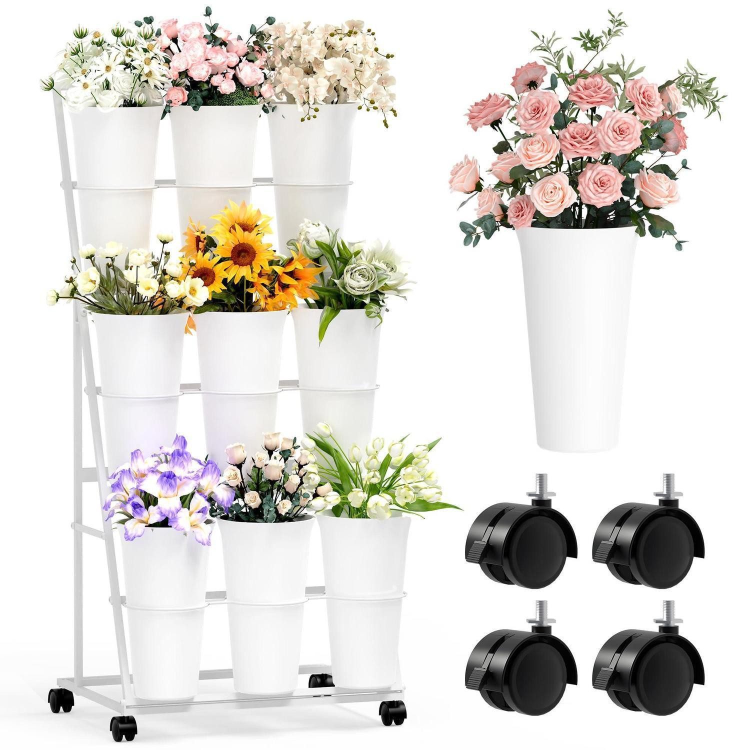 LuxusKollektion Blumenständer Blumenständer mit Rollen und Eimern 3 Etagen Metall Weiß (1 St)