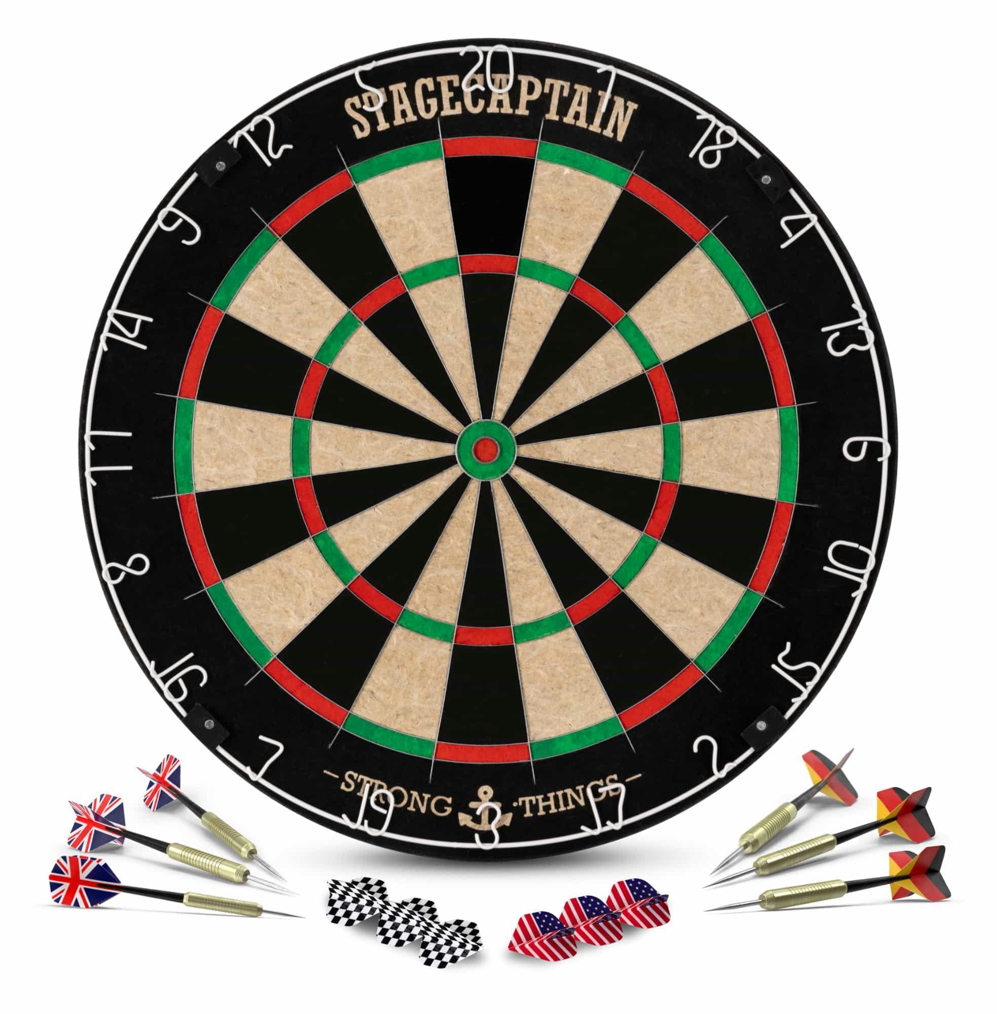 Stagecaptain Dartscheibe DBS-1715 BullsEye Pro, (Spar-Set, 20-tlg., inkl. Stativ, Tasche 6 Dartpfeilen und 12 Flights), Steeldartscheibe aus Sisal mit dünnen Drähten