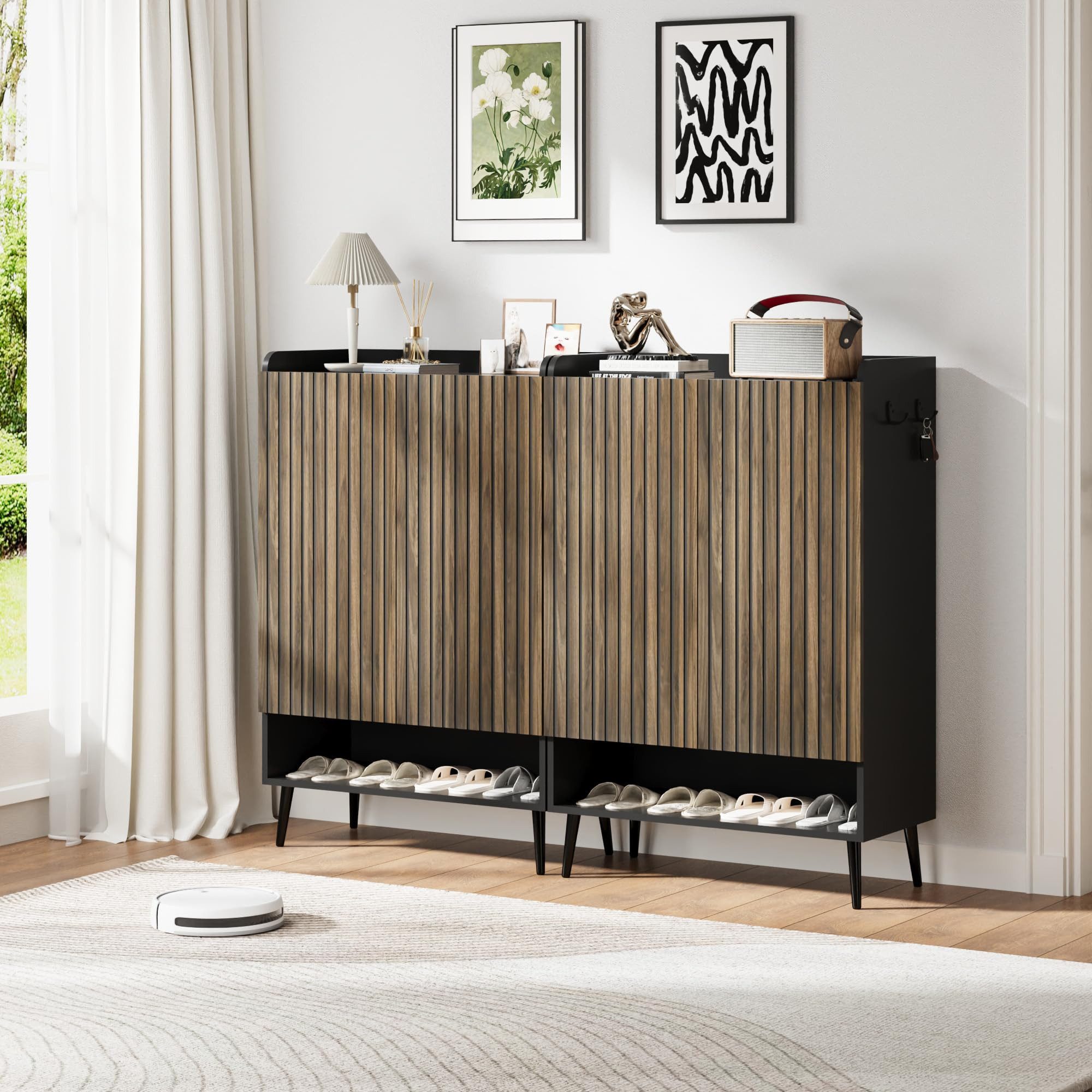 GarveeMore Schuhkipper 2er-Set Mehrzweckschrank mit Garderobenschrank 6 Fächern, Doppeltüren (2 St), 110 cm Höhe Beistellschrank verstellbare Einlegeböden, Haken