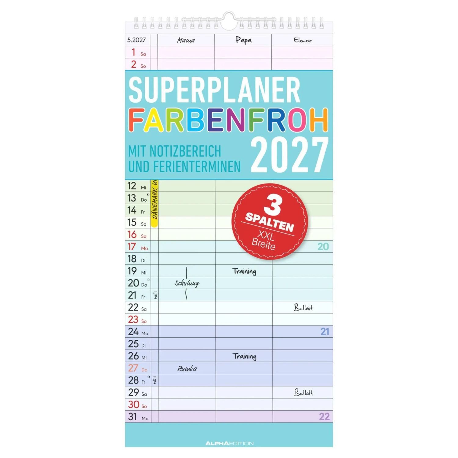 Alpha Edition Wandkalender Superplaner Farbenfroh - 3 Spalten 2027