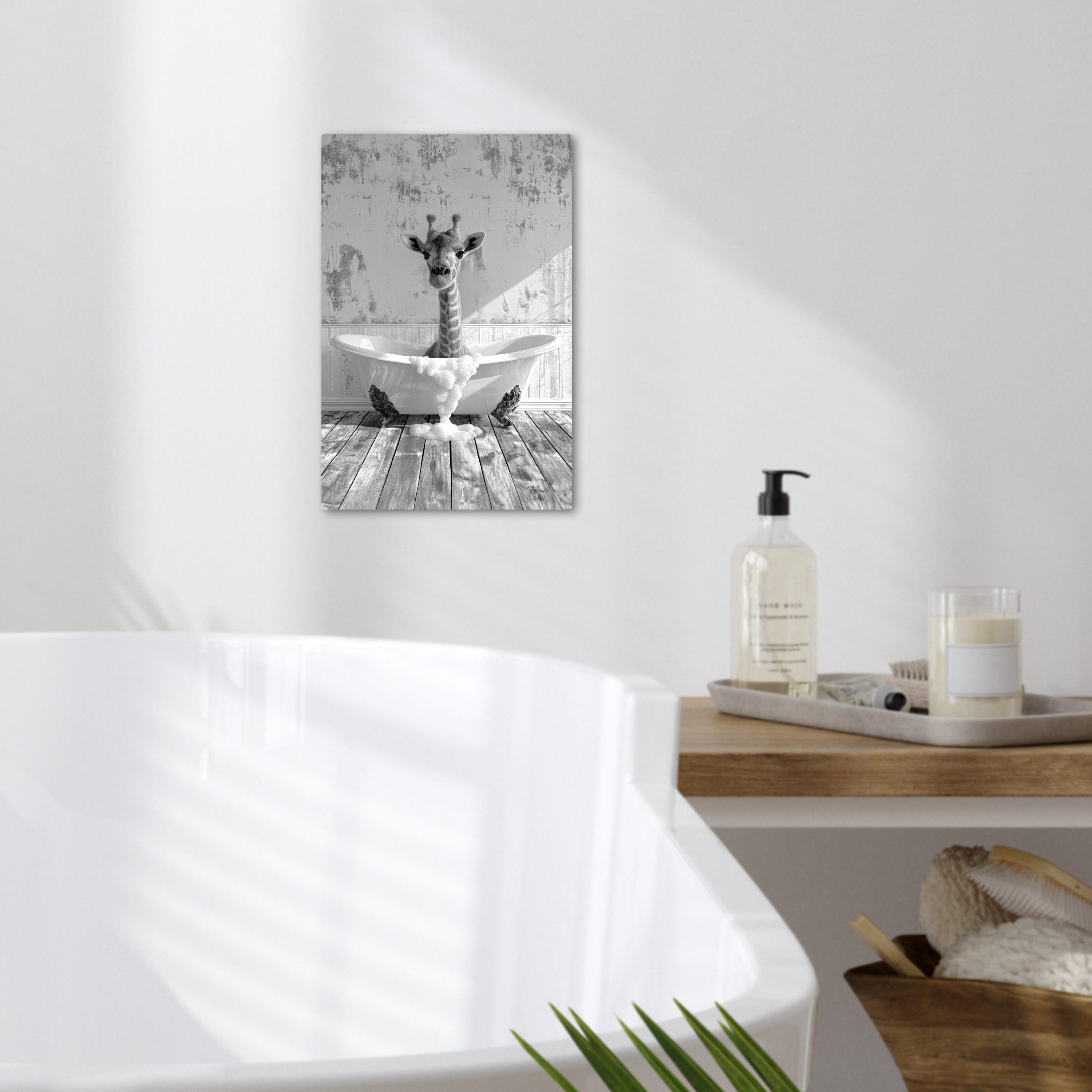 OneMillionCanvasses® Leinwandbild Giraffe - Tier - Bad - Vintage - Schwarz - Weiß, Fotodruck (1 St), Badezimmer Deko, Bilder WC, Toilette Wanddeko 20x30 cm – Bild 2 von 5