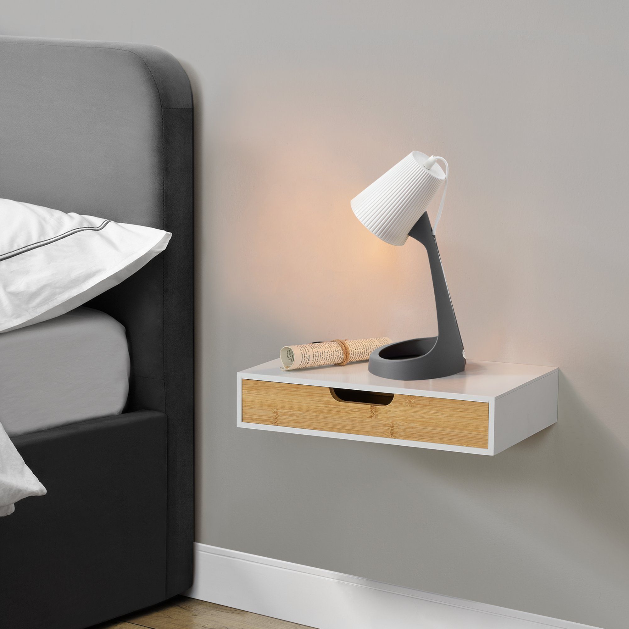 en.casa Wandregal, »Bokn« mit Schublade 40x24x8 cm Bambus Weiß günstig online kaufen