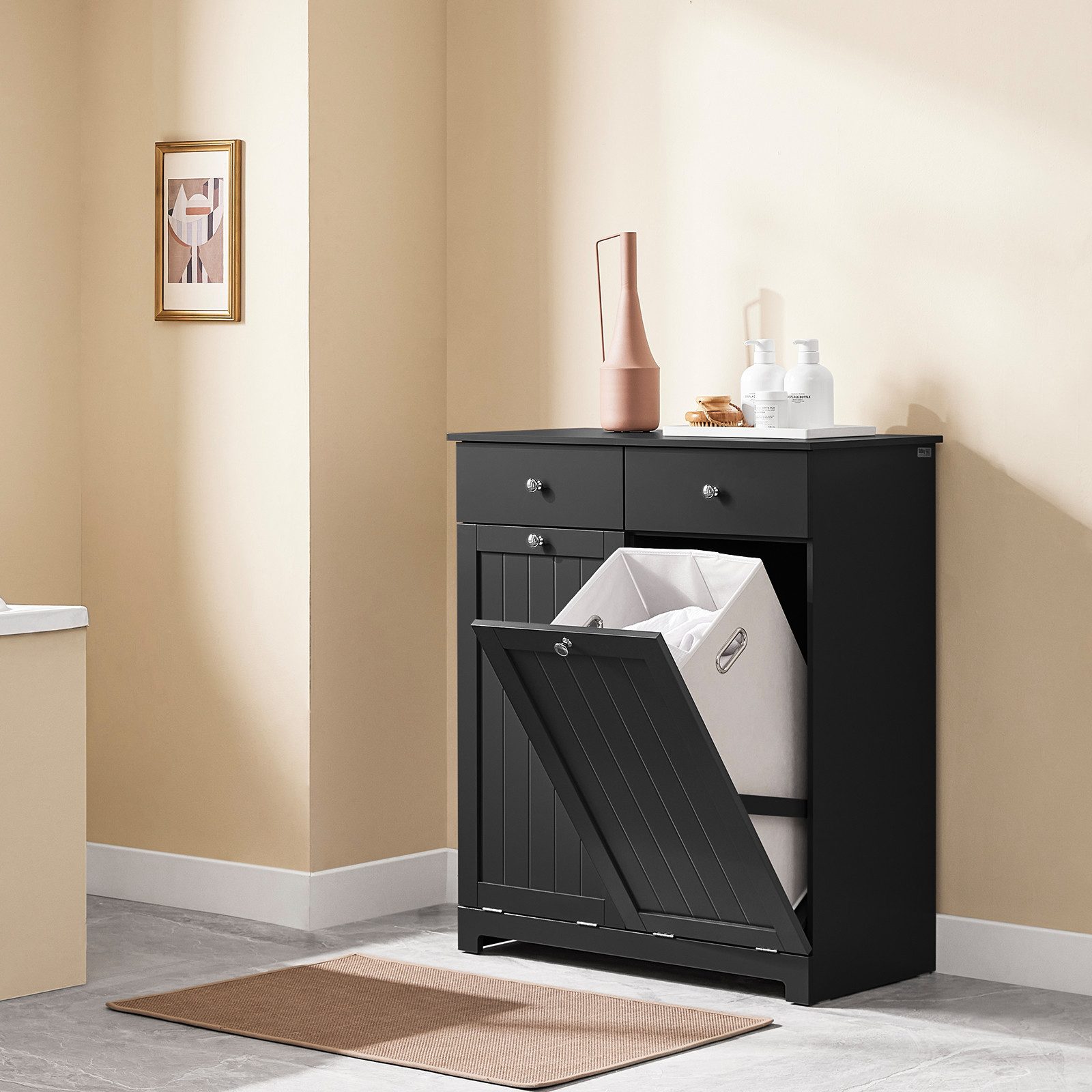 SoBuy Wäscheschrank BZR33, Badezimmerschrank mit Wäschekorb, Wäschesammler, Wäscheschrank mit 2 Schubladen & 2 Wäschekippern, 90L großer Kapazität, Badezimmer