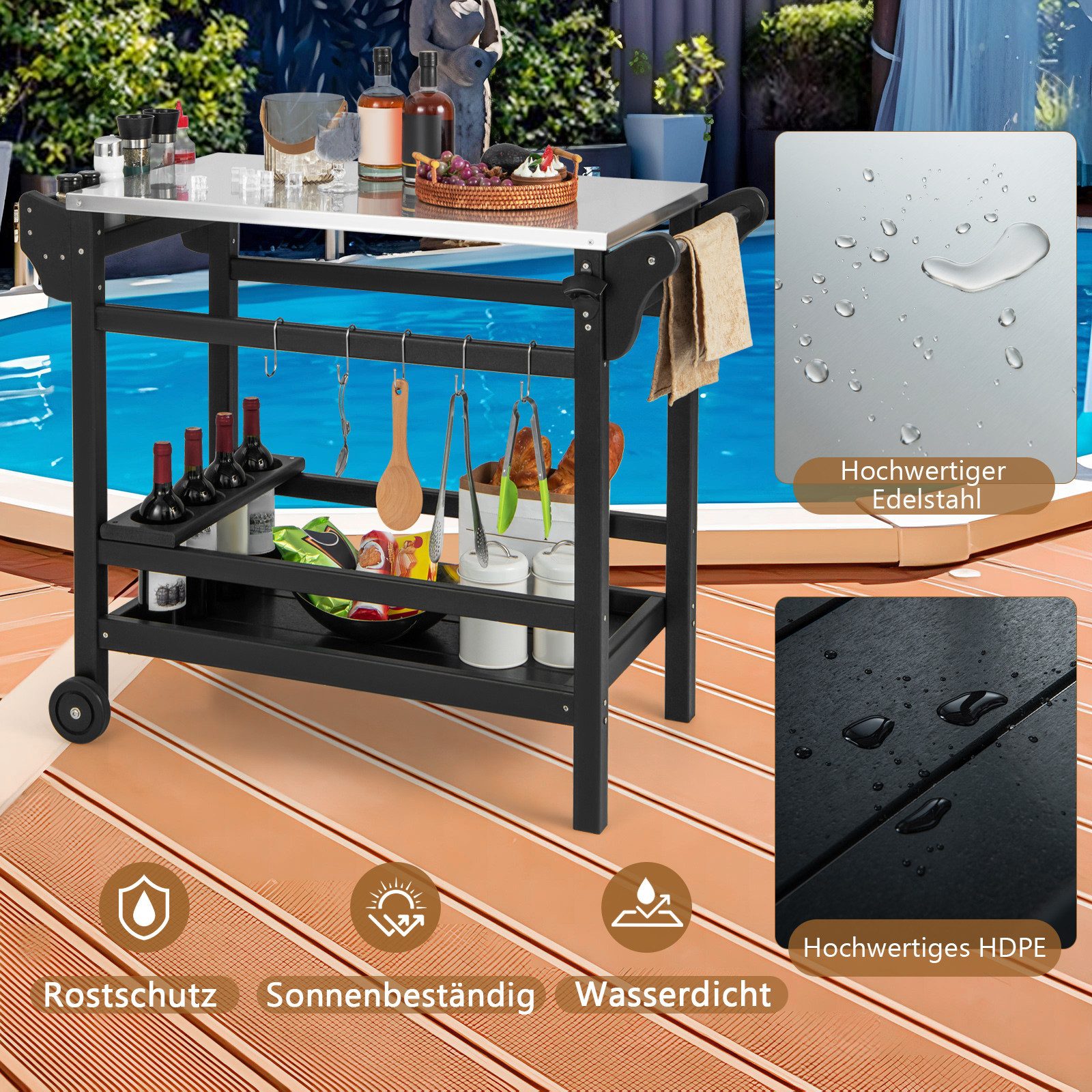 COSTWAY Grillablagetisch, Grillwagen,Beistelltisch auf Rollen, outdoor