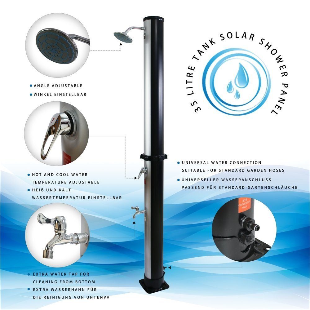 Melko Solardusche Außendusche Gartendusche Solardusche 35L Pooldusche Schwarz Silber, Speicherkapazität: 35 Liter