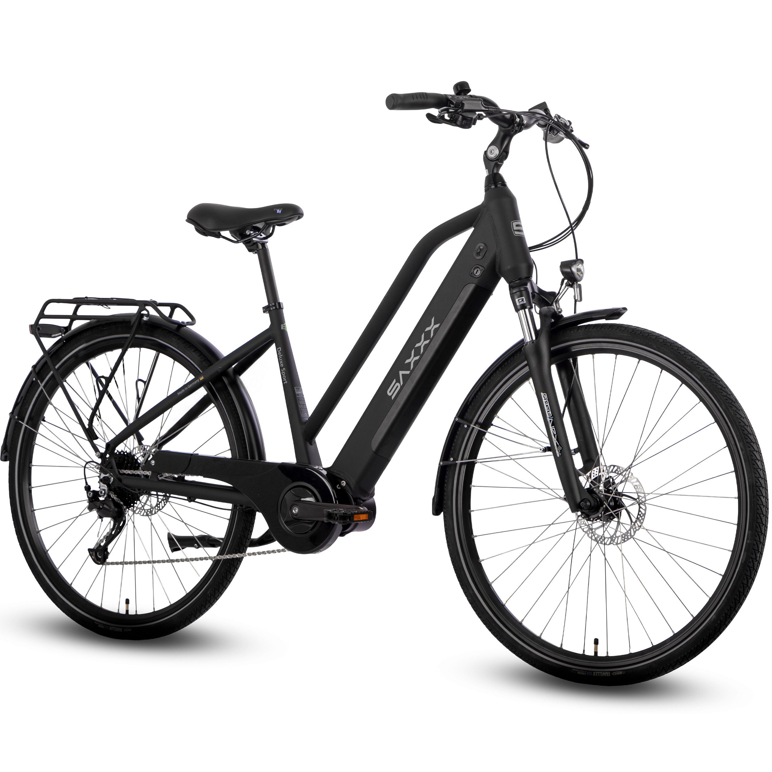 SAXXX E-Bike Cityrad 28 Zoll, 70Nm Mittelmotor, 100km, bis 130kg belastbar, 95% vormontiert, 9 Gang SHIMANO Alivio Schaltwerk, Kettenschaltung, Mittelmotor, 418 Wh, (SR Federgabel, Für Pendelstrecken und Touren), Aluminium-Trapezrahmen, hydr. Scheibenbremsen, RH: 45/50 cm