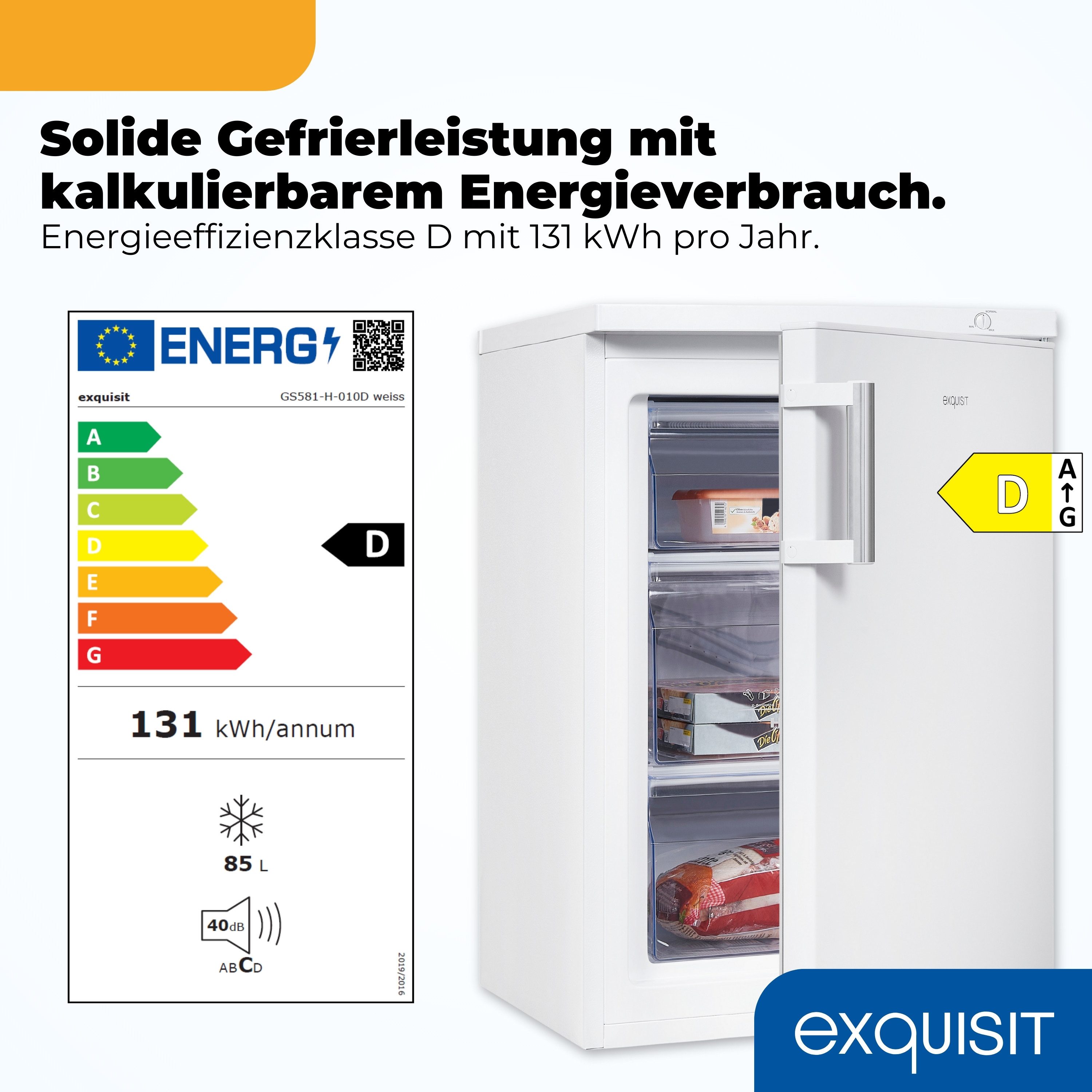 exquisit Gefrierschrank GS581-H-010D, 84.5 cm hoch, 56 cm breit, 85 l Nutzinhalt, Energieklasse D, 40 dB, 3 Schubladen