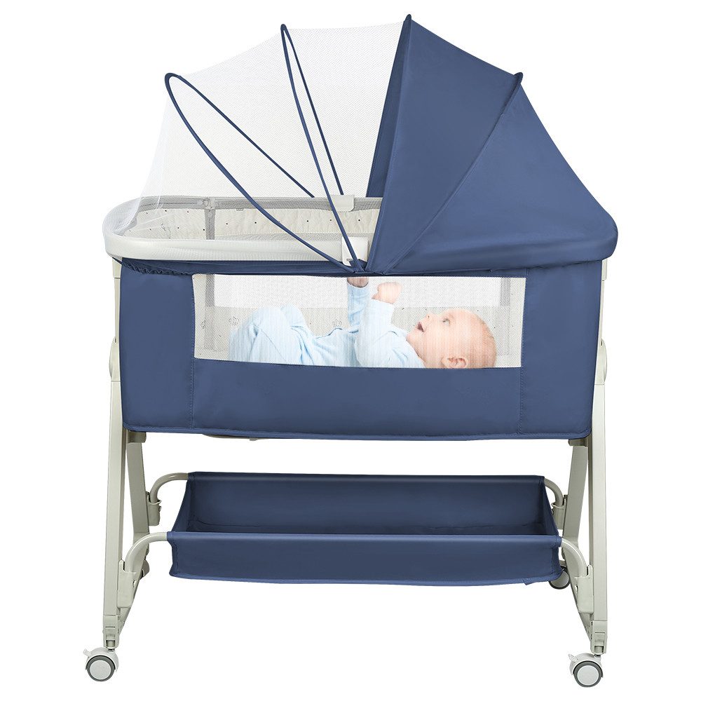 JEOBEST Beistellbett 3 in1 Babybetten mit Rollen, Beistellbett Baby mit Moskitonetz, (6 Fach Höhenverstellung und Neigungsverstellung)mit Aufbewahrungskorb