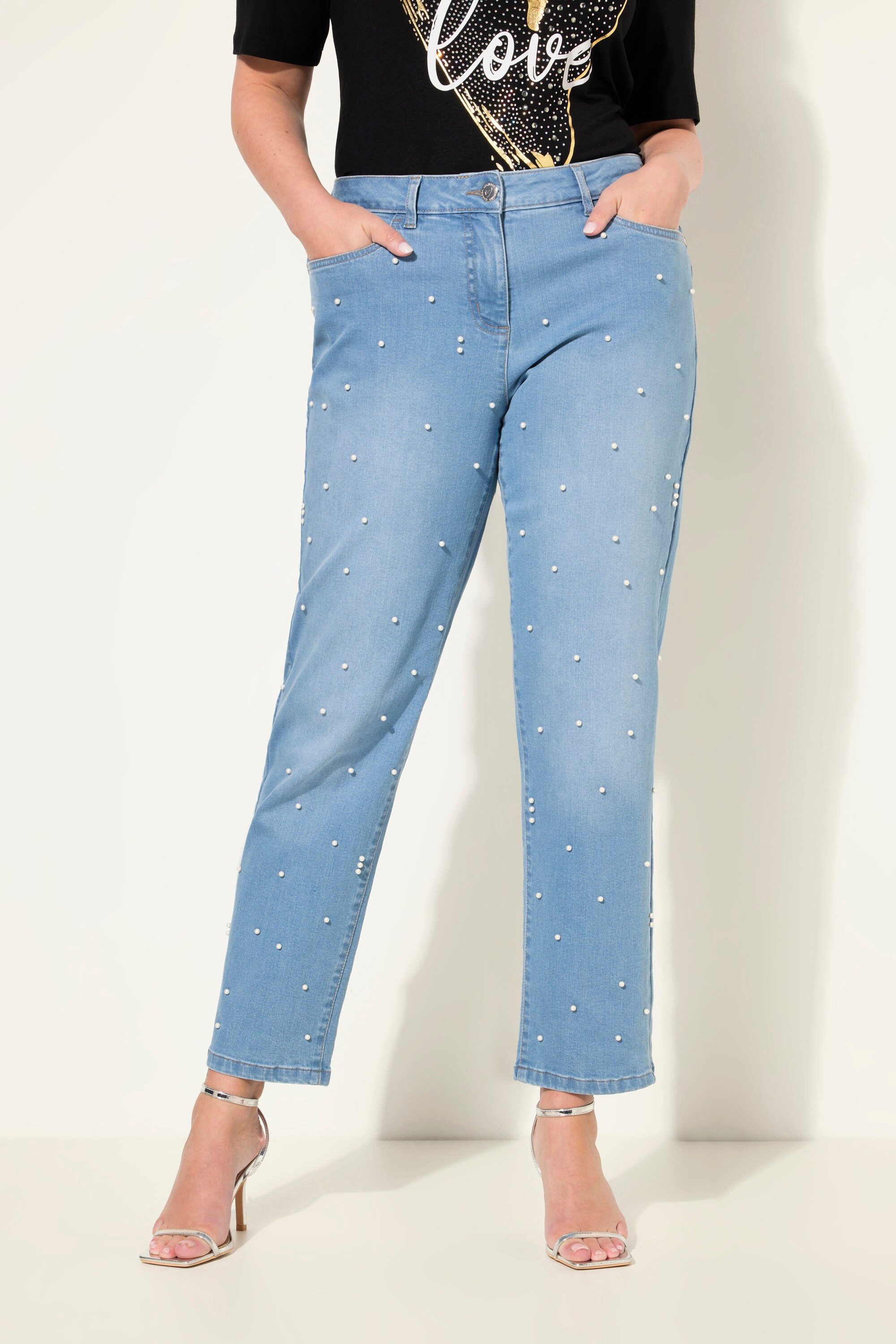 Regular-fit-Jeans Jeans weites Bein Zierperlen 5-Pocket