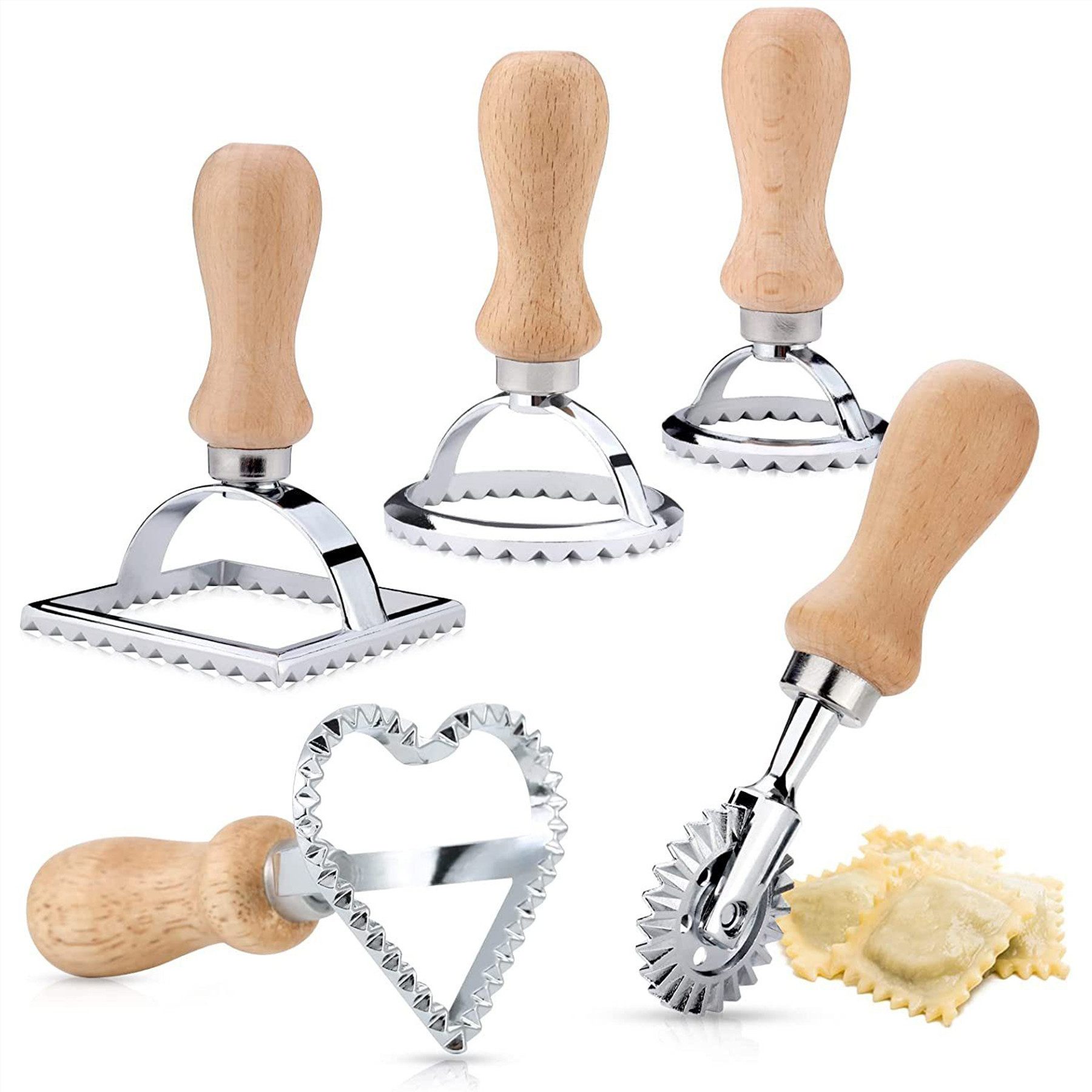 Mutig Ravioliform 5er SetRavioli Ausstecher Former,Teigrädchen, Raviolischneider, (5 set Quadratische Runde Herzförmige Ravioli Former mit Holzgriff 5-tlg), Für die Pastaherstellung zu Halloween, Weihnachten und Partys geeignet