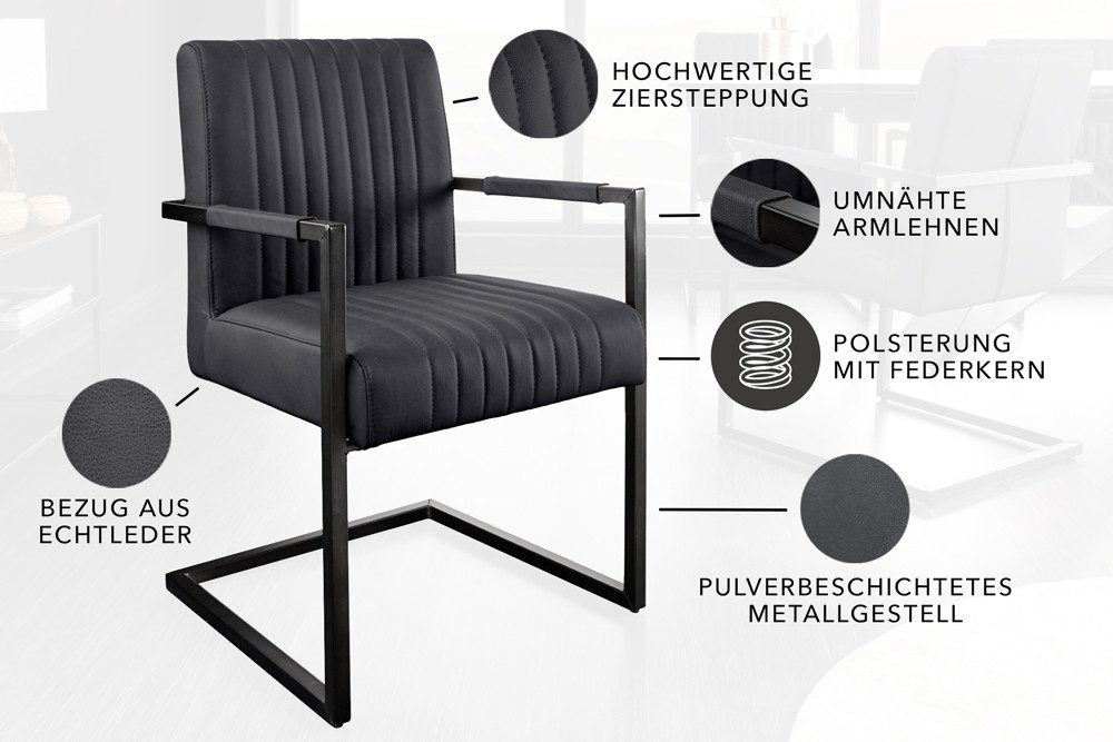 riess-ambiente Freischwinger BIG ASTON schwarz – Echtleder, Taschenfederkern, Metall (Einzelartikel, 1 St), inkl. Armlehne für hohen Sitzkomfort – ideal für Dein Loft-Esszimmer