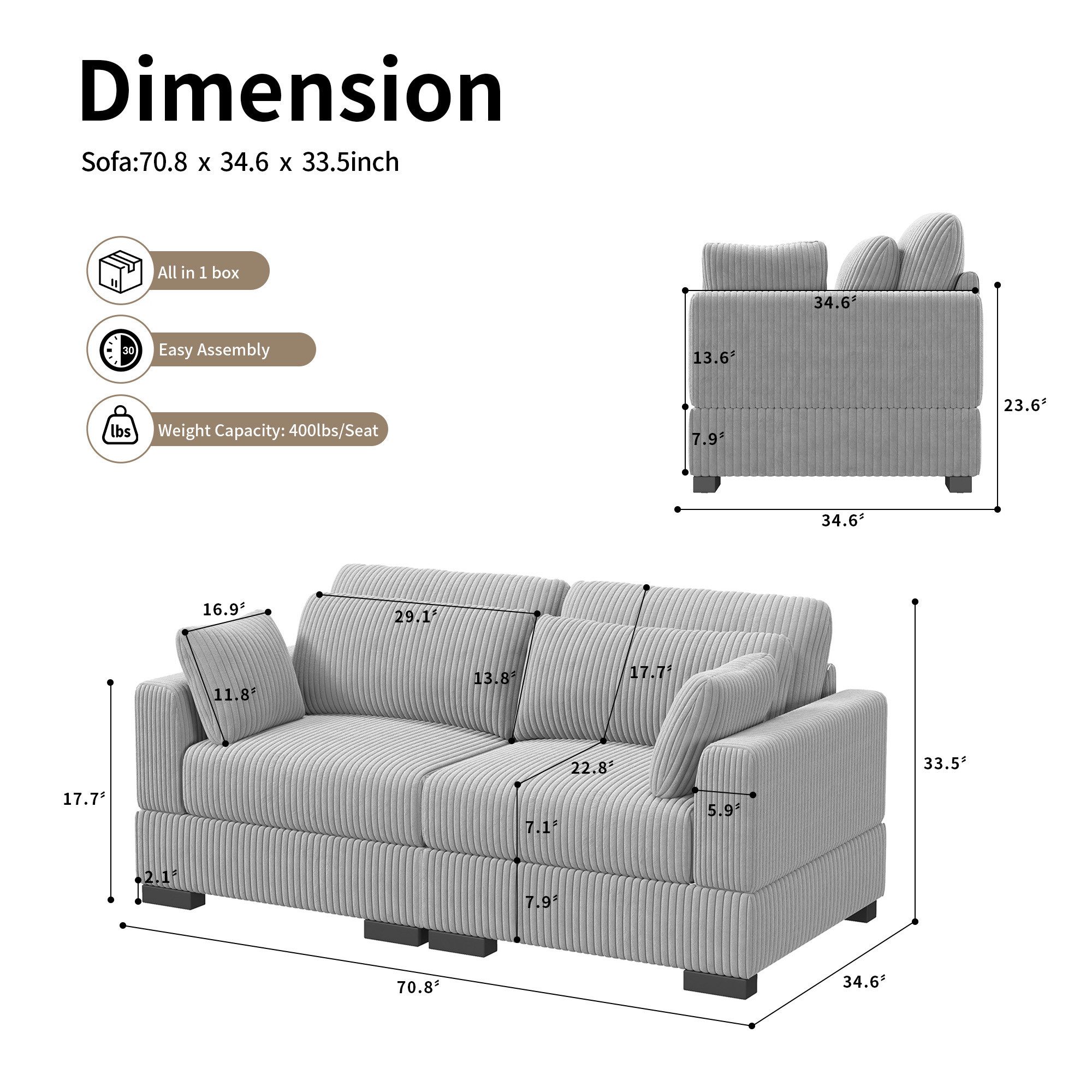 Furnishings Home Loungesofa Sofa Polstersessel, 1/2-Sitzer Couch, Polstersofa, Cord Stoff, 180 x 88 x 85 cm, ideal für Wohnzimmer & Schlafzimmer & Büro