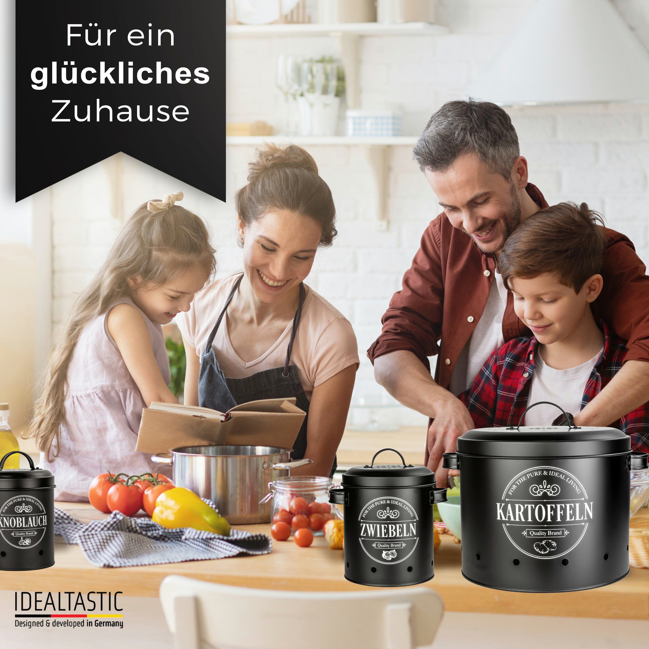 IDEALTASTIC Vorratsdose Premium Kartoffel Aufbewahrung, Zwiebel, Knoblauch Aufbewahrungsbox, Legirter Stahl, langlebig, Extra leicht, (Set, 3-tlg., 3-teiliges S – Bild 5 von 5