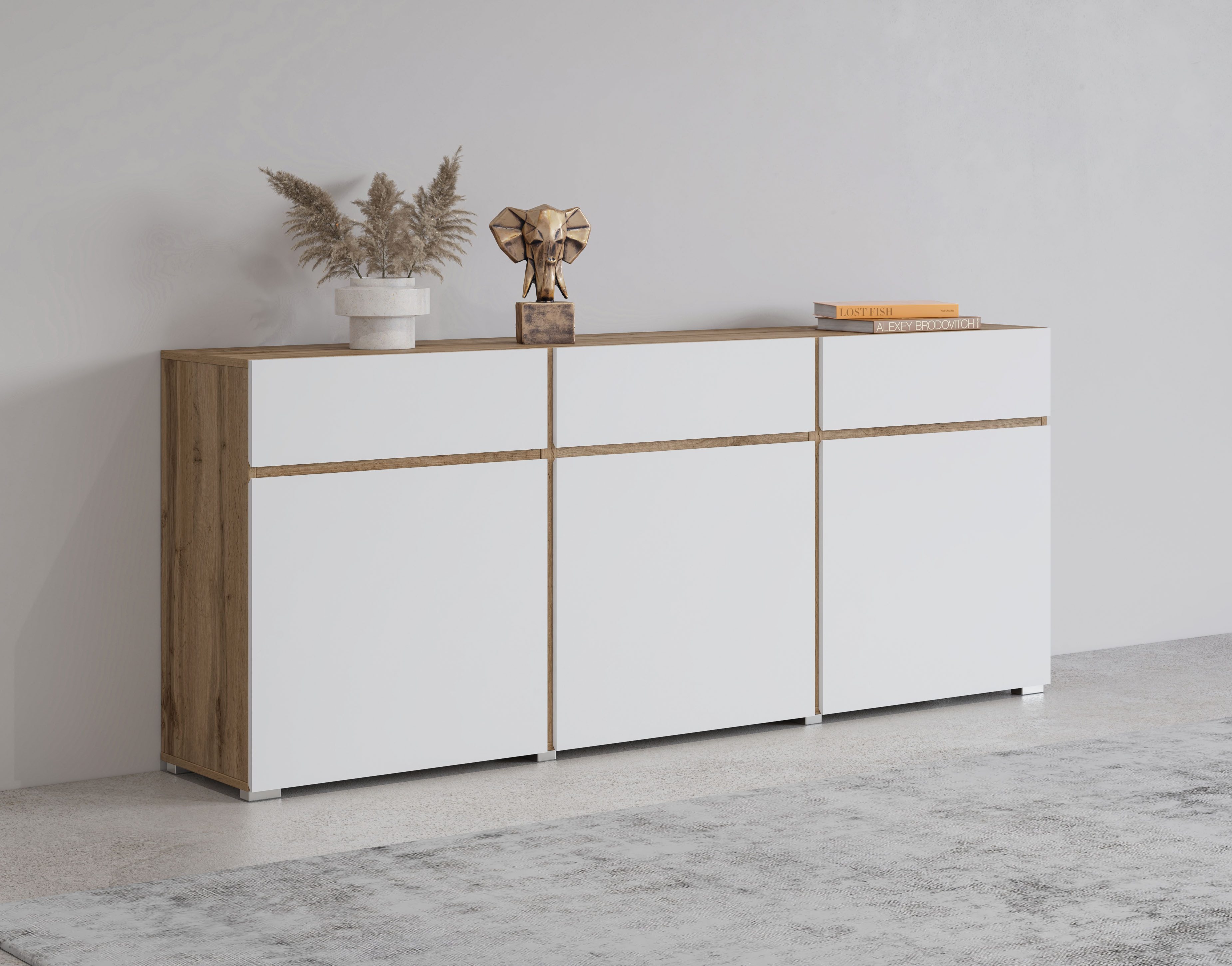 Kommode Cross,Breite 180 cm, moderne grifflose Kommode,3 Türen/3 Schubkästen