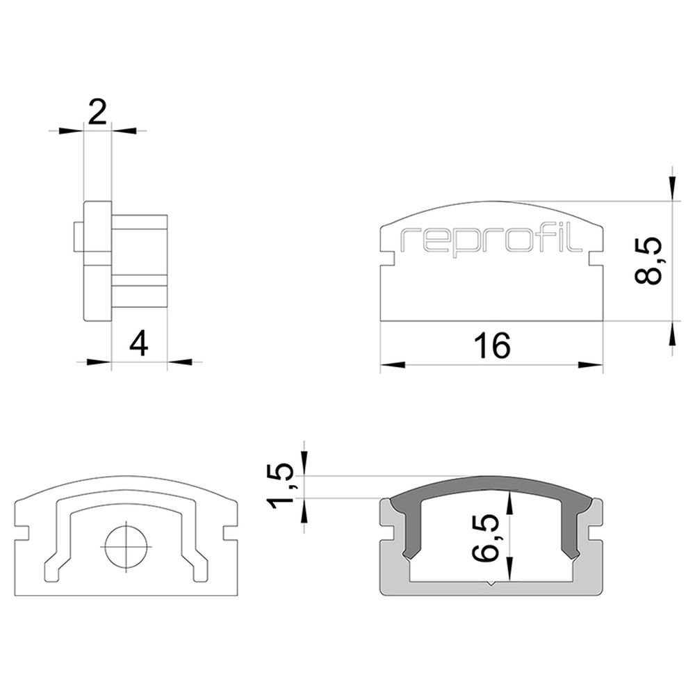 grau, Abdeckung:, Deko-Light F-AU-01-10, 2er-Set, Endkappe Deko-Light Streifen für LED 16mm, Profilelemente LED-Stripe-Profil 1-flammig,