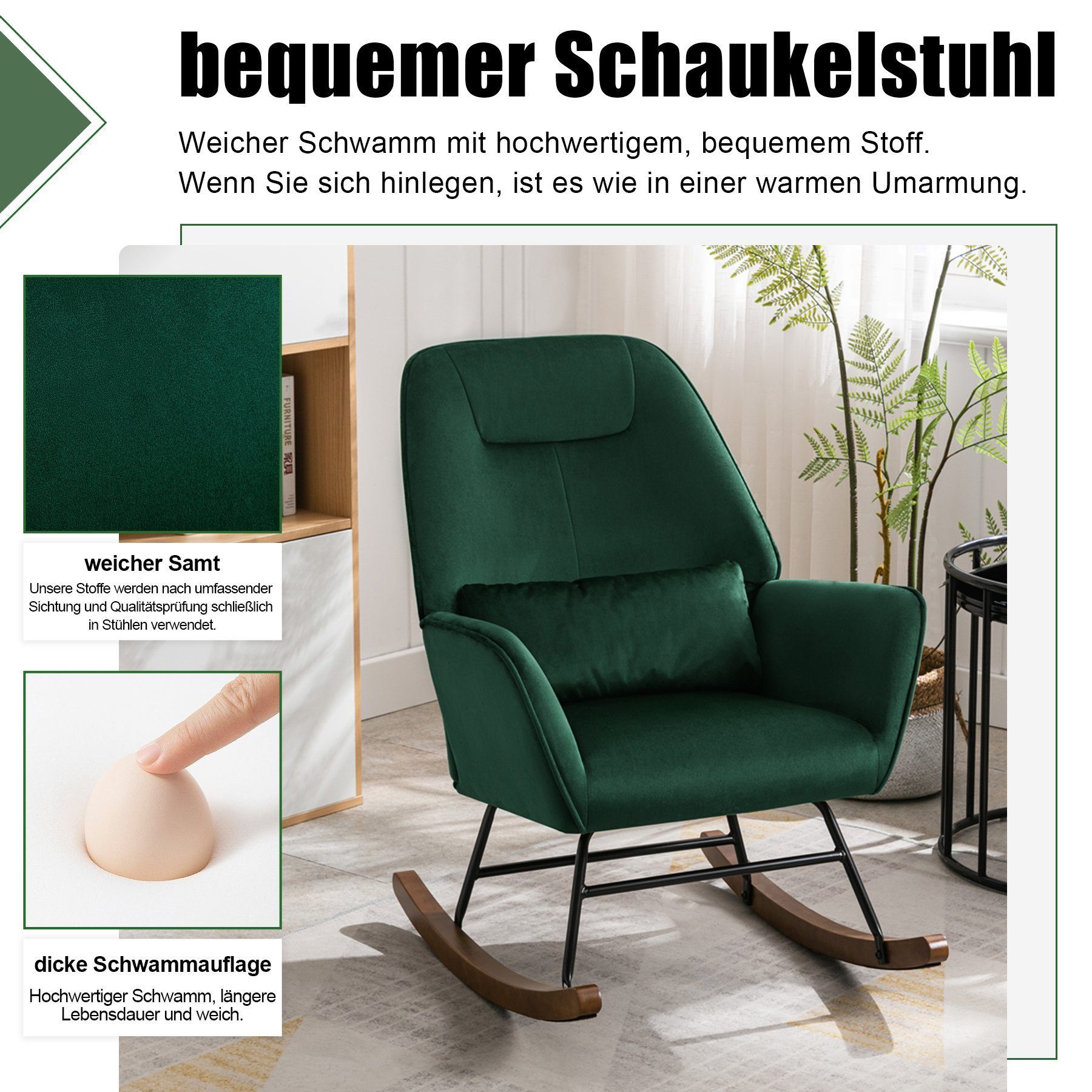 HomeMiYN Schaukelstuhl Schaukelstuhl Wohnzimmer Samt Schaukelsessel Lendenkissen Relaxsessel, samt,Stillsessel