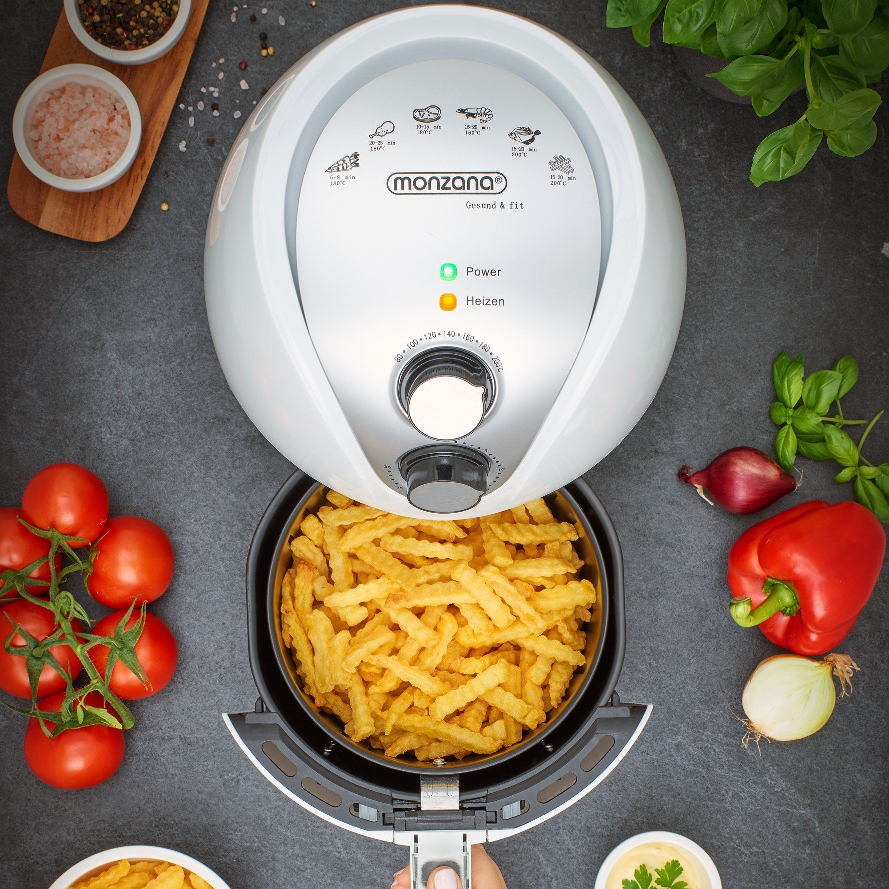 monzana Heißluftfritteuse, 1350 W, 3,6L mit Rezeptheft 9in1 Funktion 80-200°C Cool Touch Weiß