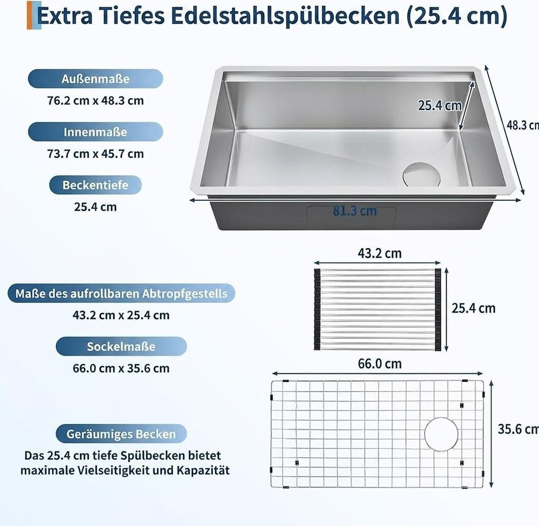 GarveeMore Küchenspüle Edelstahl-Unterbauspüle als Arbeitsstation,Spülbecken, 76/48 cm, Einzelbecken mit Zubehör und integrierten Funktionen – Bild 5 von 5