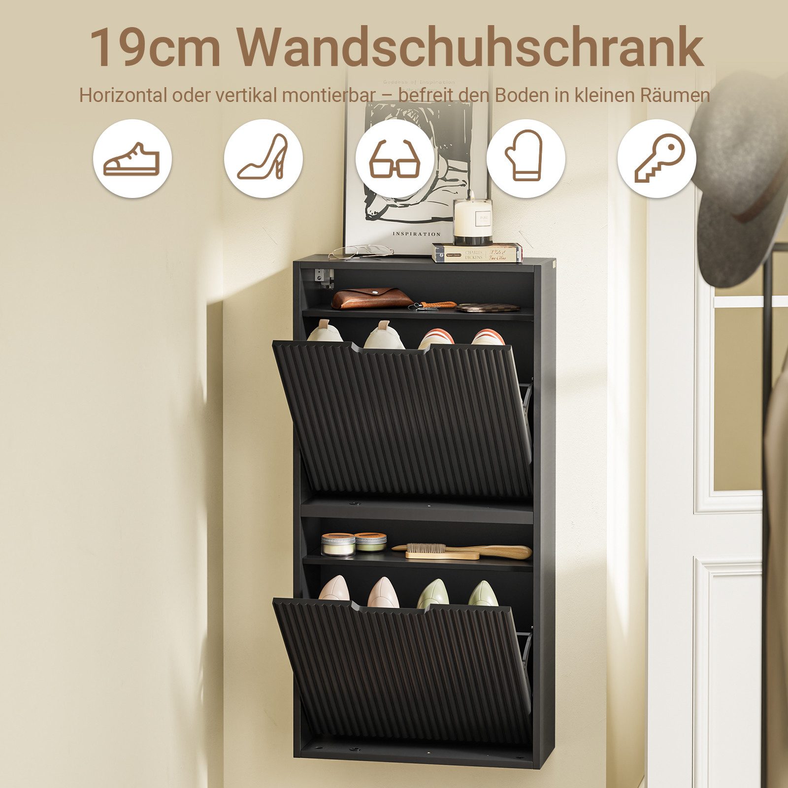 SoBuy Schuhkipper FSR204, Schuhschrank schmal, Schuhregal Schuhablage, Schuhschrank mit 2 Klappen, für 6-8 Paar Schuhe Wandmontage/stehend