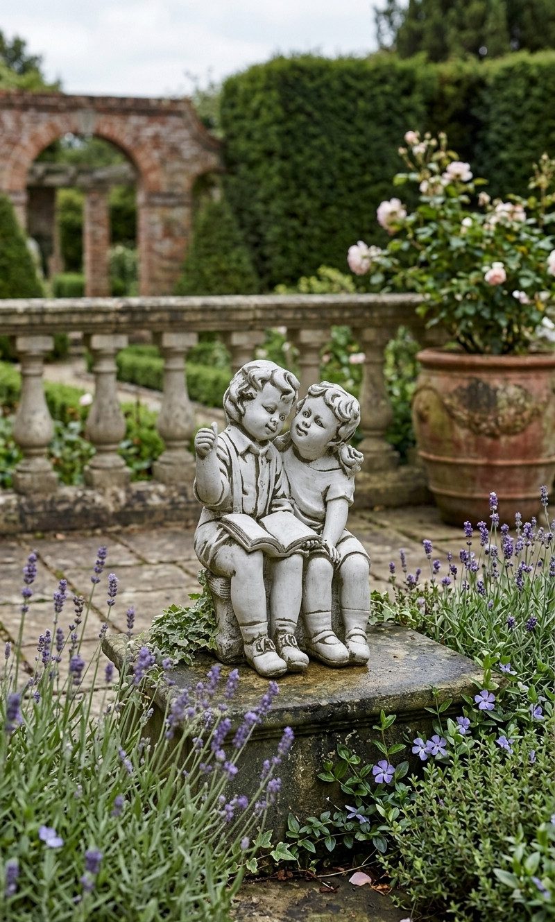 Xlmoebel Dekofigur Deko-Skulptur Kinder lesend wetterfest Garten Dekoration Stein Sofort (Einzelteil, 1 St), Hergestellt in Europa