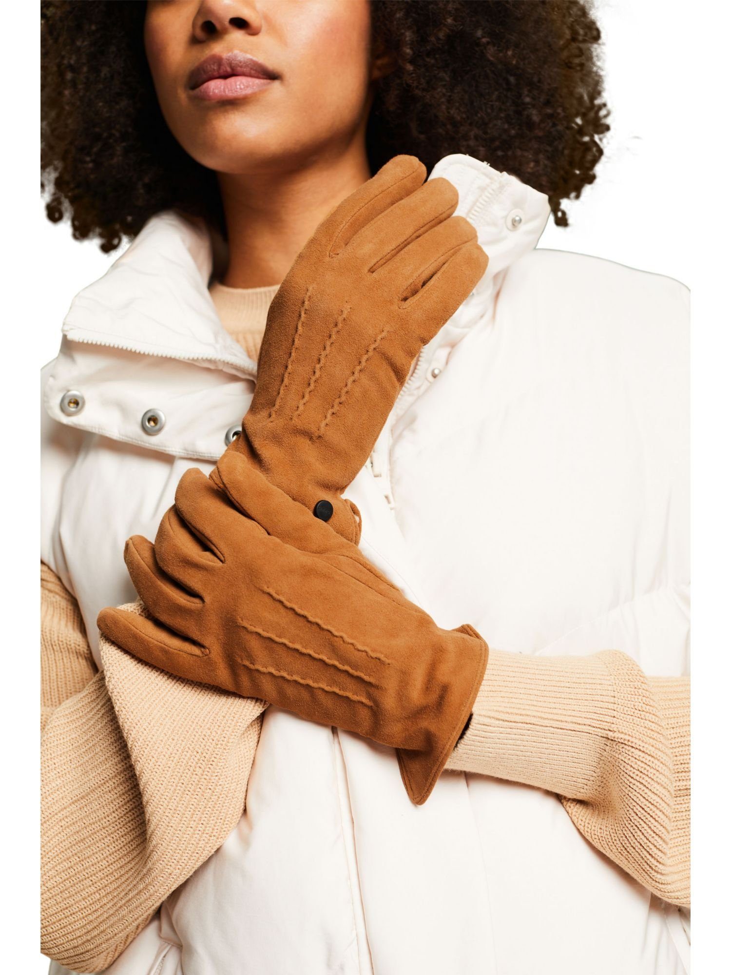 Rauleder-Handschuhe Lederhandschuhe mit CARAMEL Esprit Touchscreen-Funktion