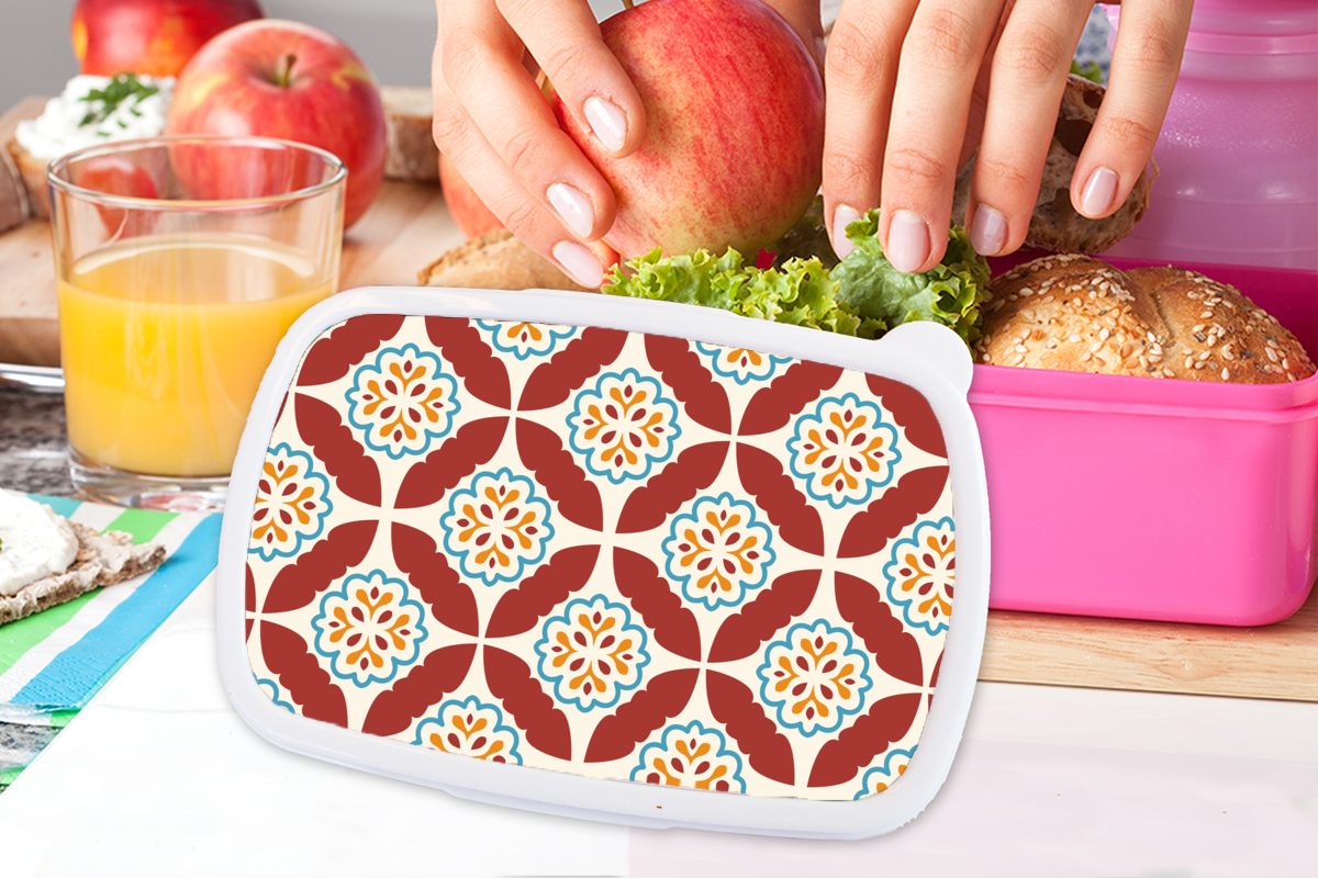 Brotdose MuchoWow Blumen - Lunchbox Fliese Brotbox Mädchen, Erwachsene, (2-tlg), Kunststoff Kunststoff, - Kinder, rosa Muster, für Snackbox,