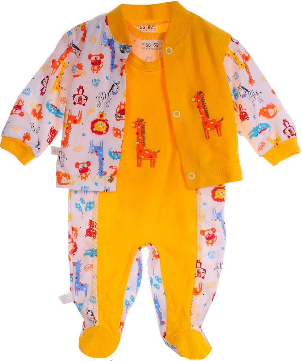 La Bortini Strampler Strampler Hemdchen Set Baby Anzug in Gelb mit Tieren Muster aus reiner Baumwolle, 44 50 56 62 68 74