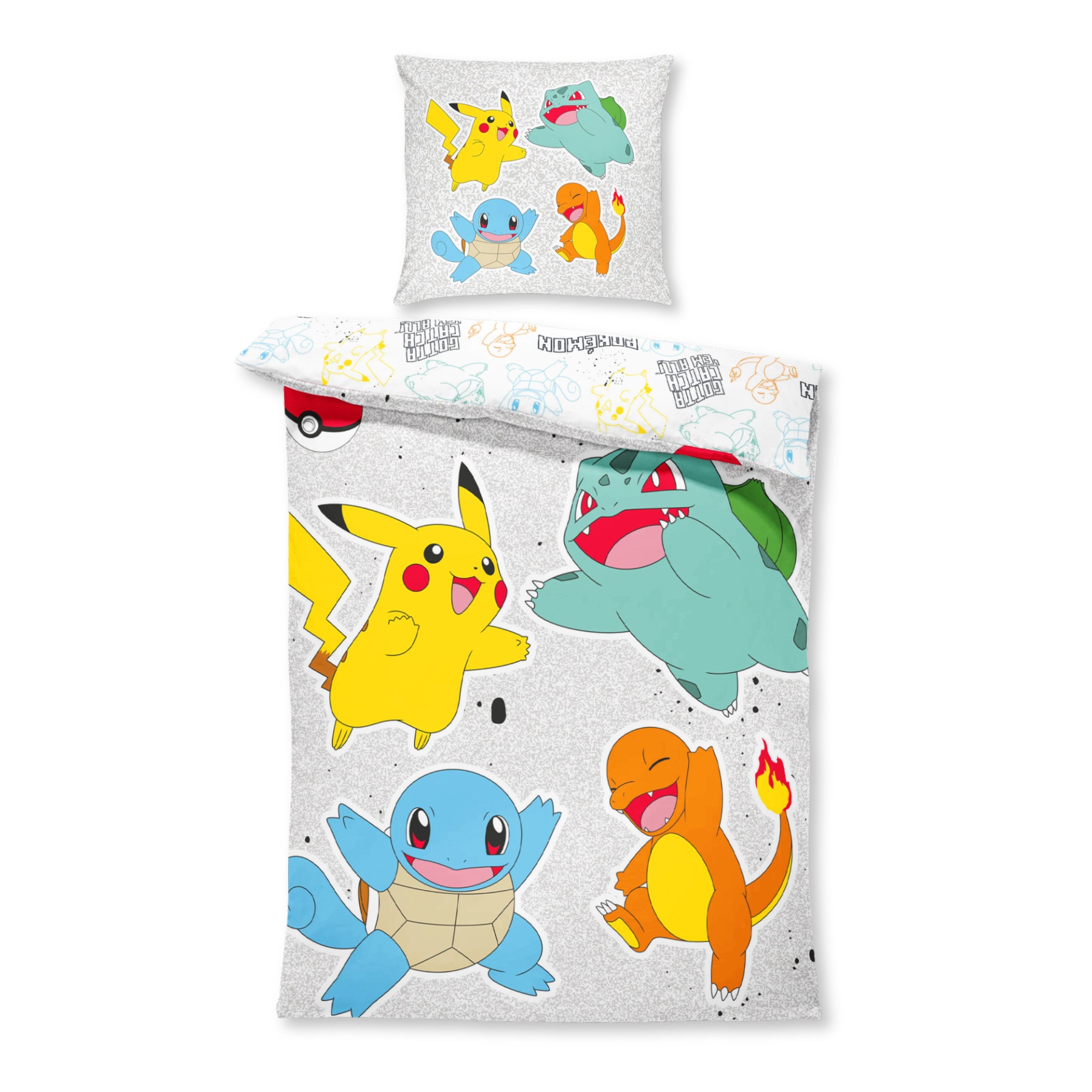 MTOnlinehandel Kinderbettwäsche Pokémon Friends 135x200 + 80x80 cm, Wende-Motiv, 100% Polyester, 2 teilig, Pikachu, Bisasam, Glumanda & Schiggy für kleine Pokémon Fans
