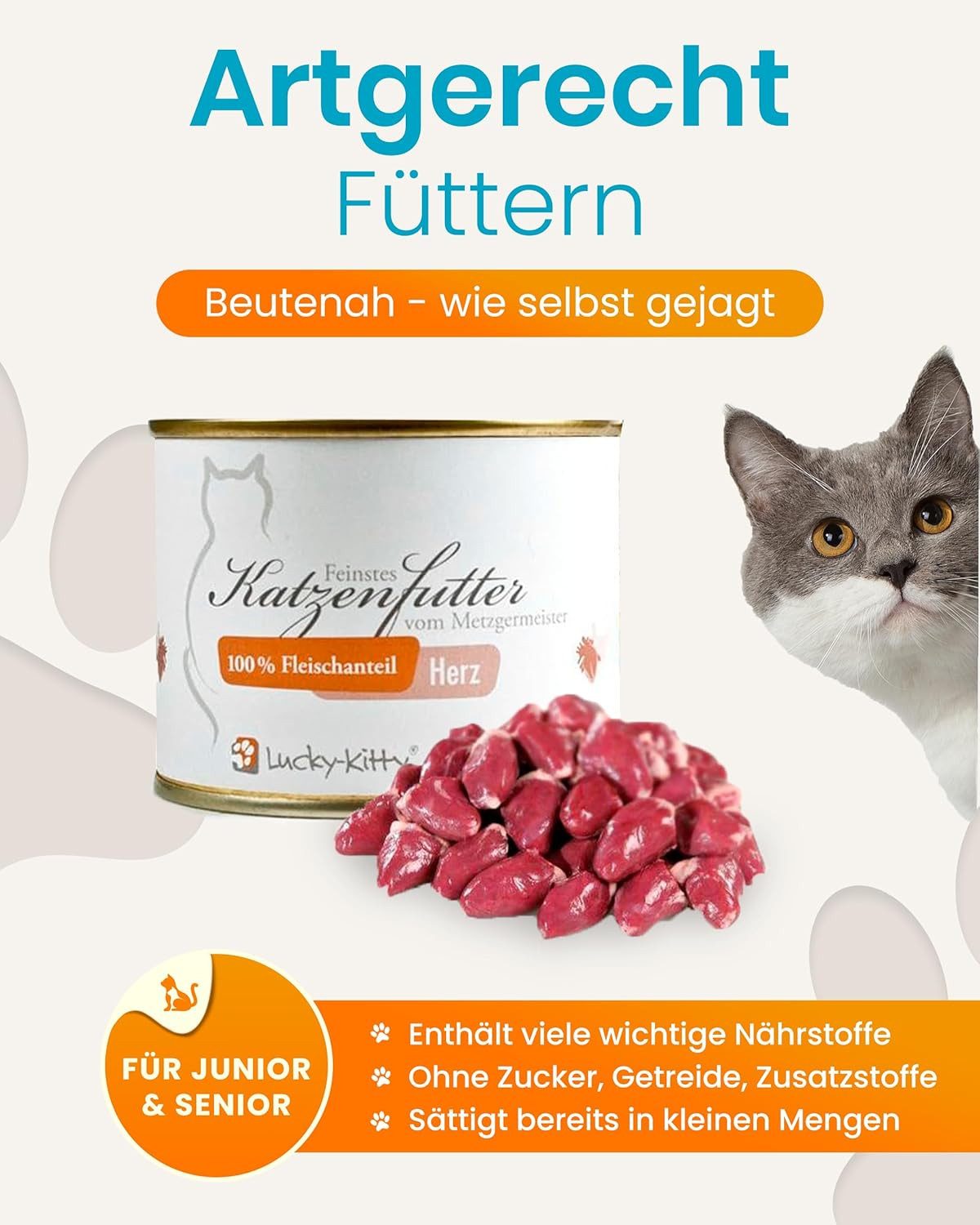 Lucky-Kitty Katzenfutter Hühnerherzen, 100% Fleischanteil, getreidefrei 4x200g, Nassfutter für: Katzen, frisches Fleisch in Metzgerqualität, zuckerfrei, Monoprotein