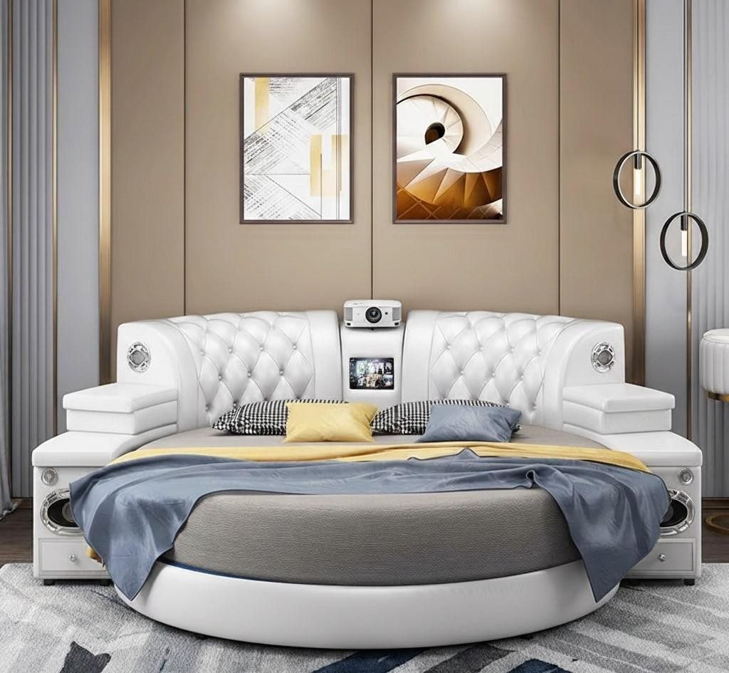 JVmoebel Rundbett Weißes Chesterfield Multifunktionsbett Designer Schlafzimmer Betten (2-tlg)