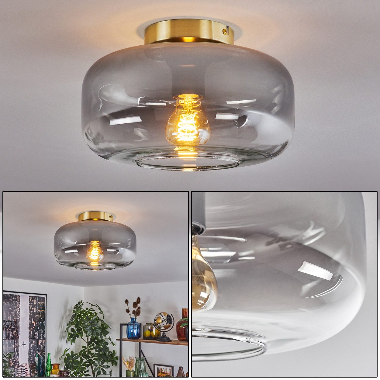 hofstein Deckenleuchte Deckenlampe aus Metall/Glas in Messingfarben/Rauchfa günstig online kaufen