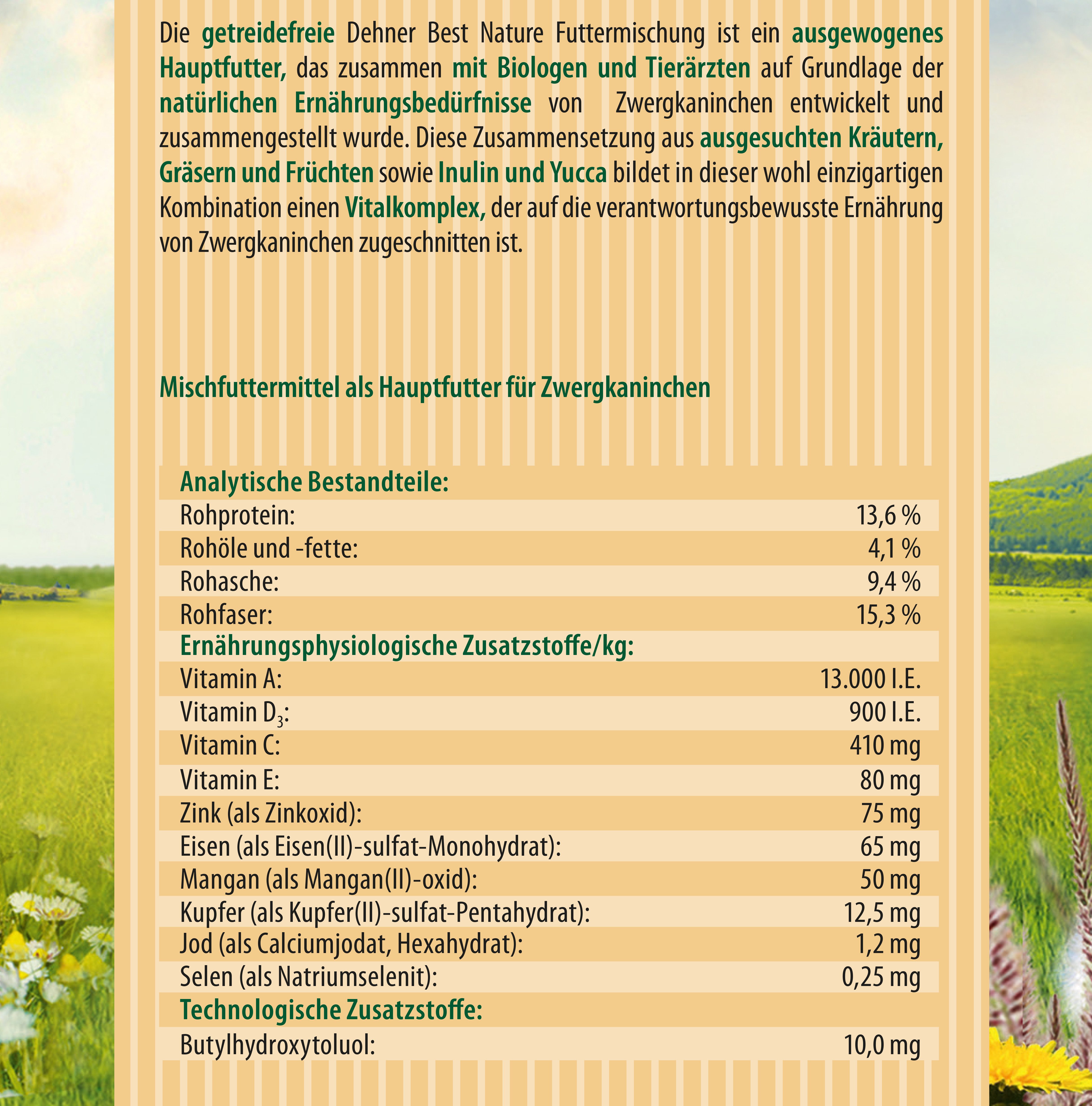 Dehner Best Nature Zwergkaninchenfutter getreidefrei, 2 kg, Hauptfutter für: Zwergkaninchen, Kaninchen, Kleintiere, 43,6 % Aufwuchs von Dauergrünland der Alpenvorlandwiesen