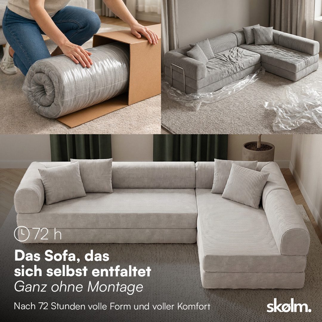 skølm Sofa & Sessel Lofn aus Vollschaum Cord, umwandelbar zum Schlafsofa/-Sessel, Hellgrau, Ecksofa 300 cm breit, 4 Sitzer, kein Aufbau erforderlich, vakuumiert