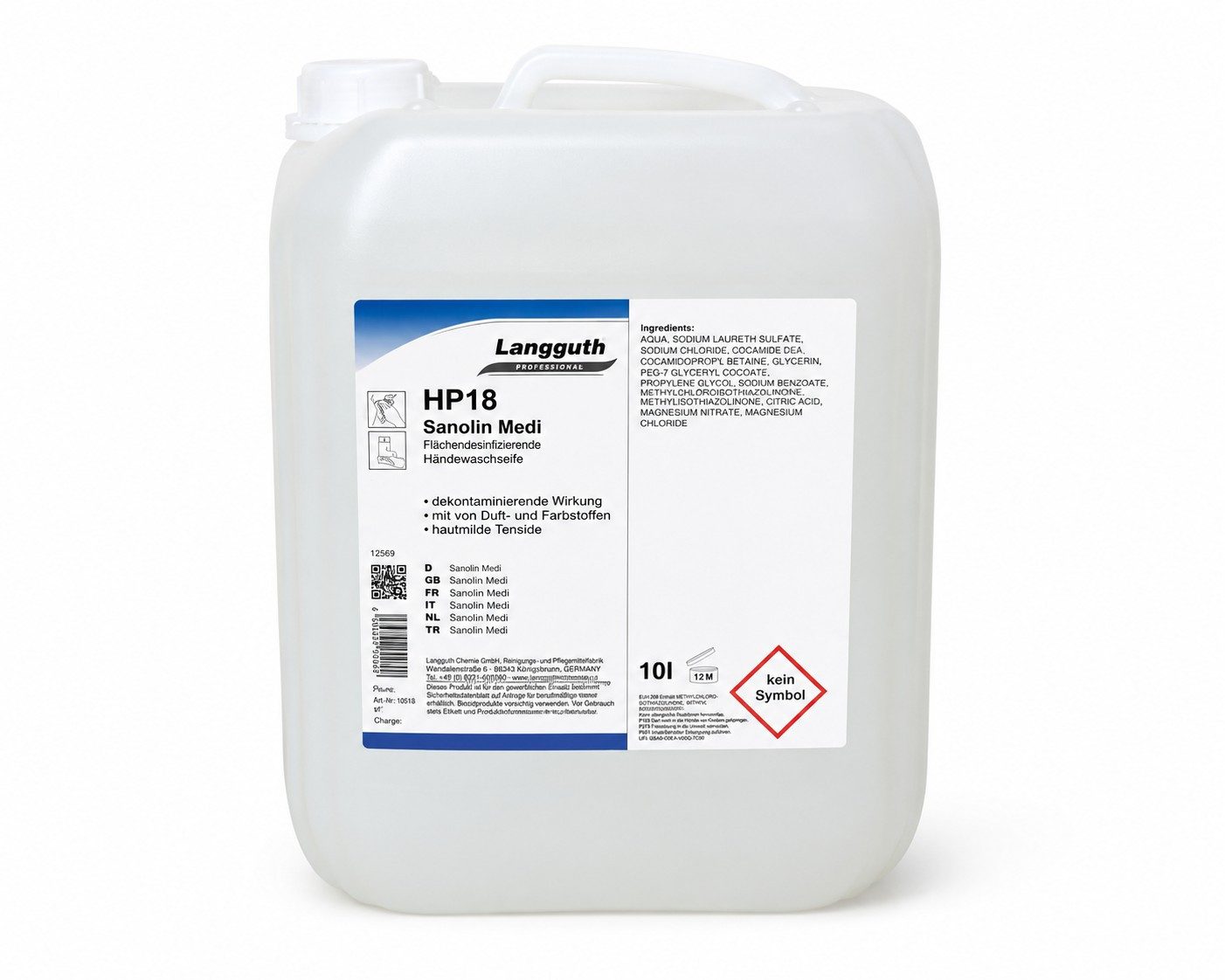 LANGGUTH Flüssigseife SEIFENCREME antibakteriell,Sanolin HP18, geruchsneutral, 10 l
