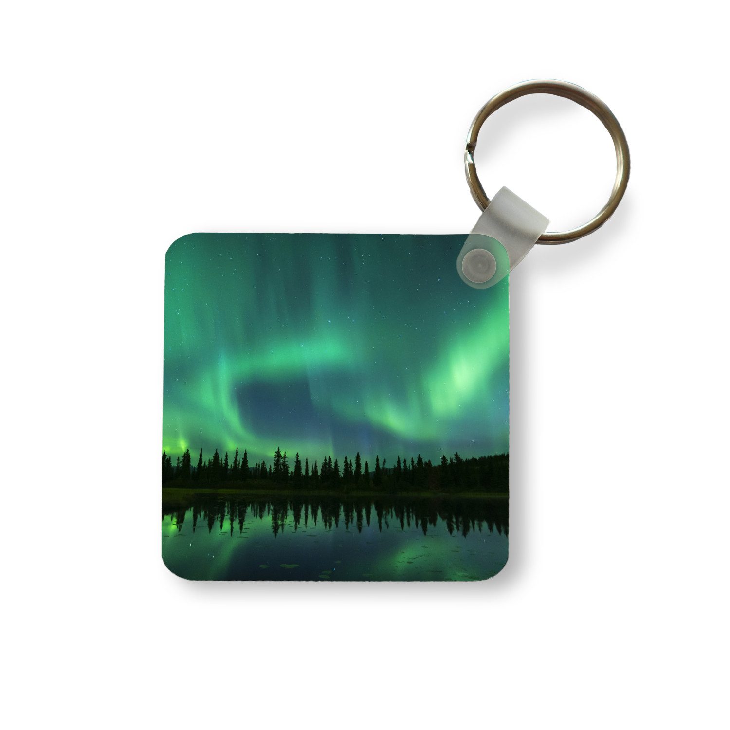 MuchoWow Schlüsselanhänger Nordlicht - Bäume - Wasser - Alaska, Quadratisch, Accessoire Auto / Haus / Rucksack / Handtasche, 5x5 cm