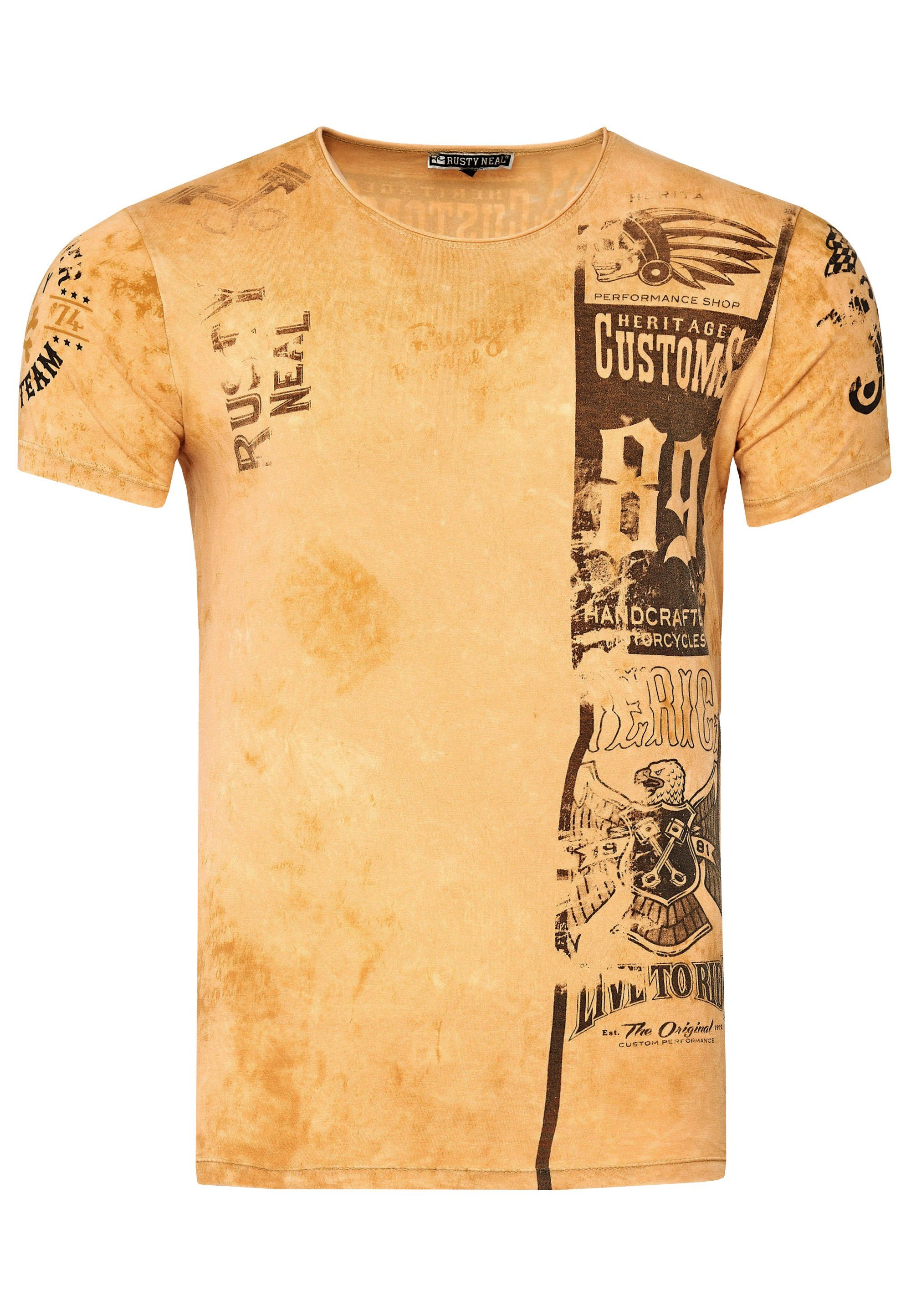 Rusty Neal T-Shirt mit camelfarben modernem Print