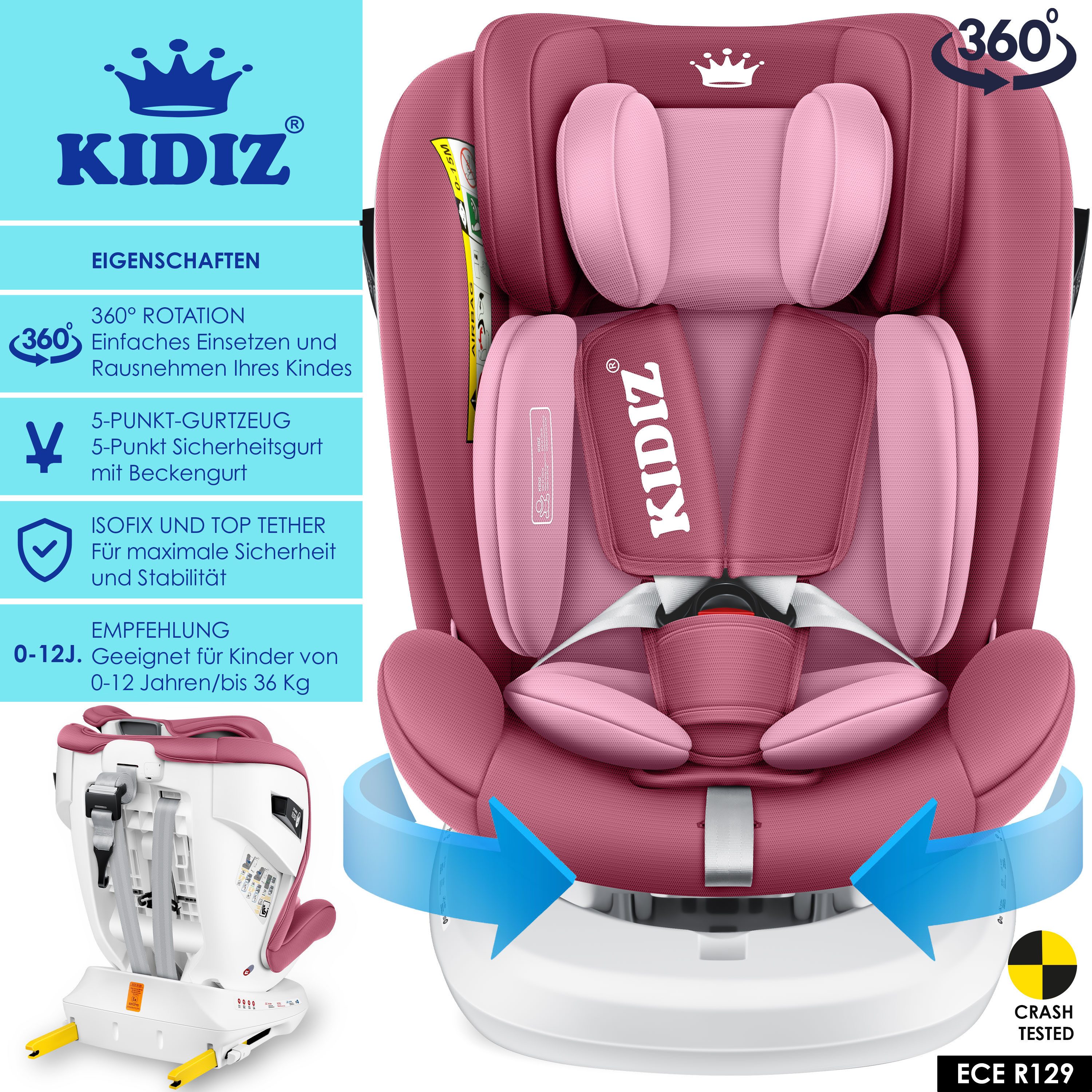 KIDIZ Autokindersitz, Kindersitz Baby Autositz Kinderautositz Isofix Top Tether 360