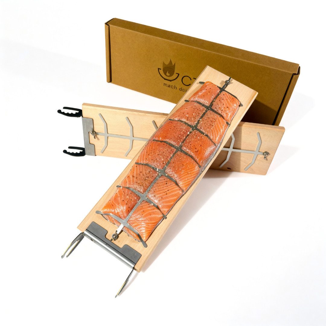 Czaja Räucherbrett Flammlachsbrett 2er Set aus Buchenholz mit Halterungen aus Edelstahl, Buchenholz und Edelstahl