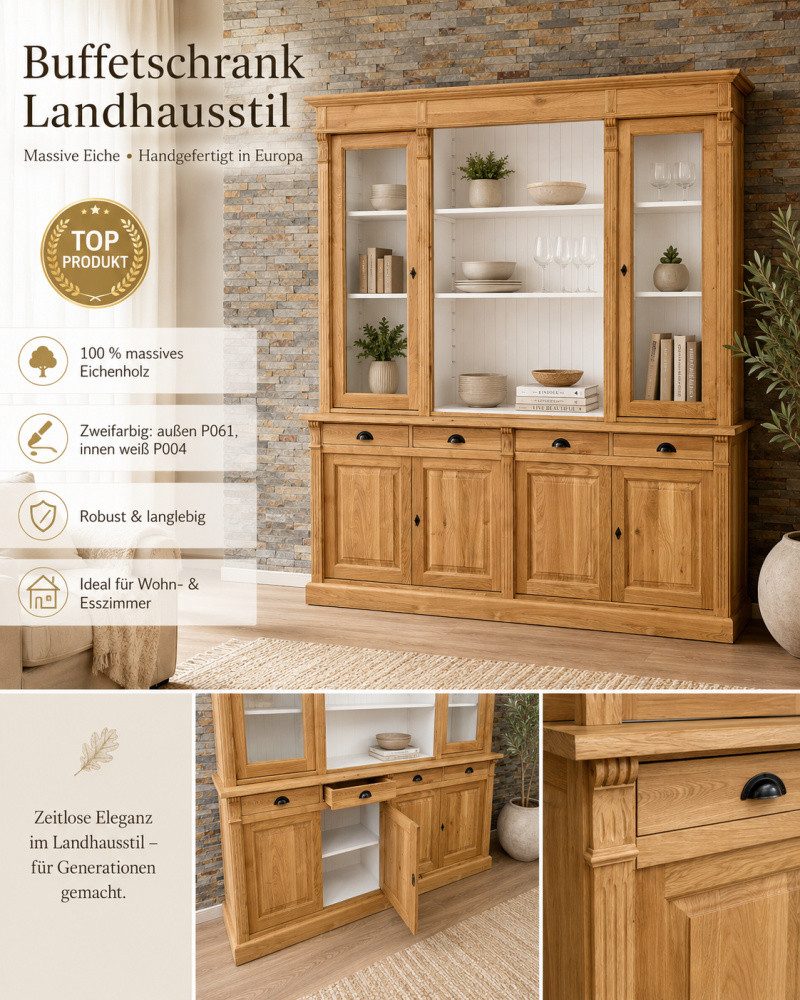 Wohnpalast Buffet Massive Eichenholz Glasvitrine – Zweifarbiges Design 240 cm