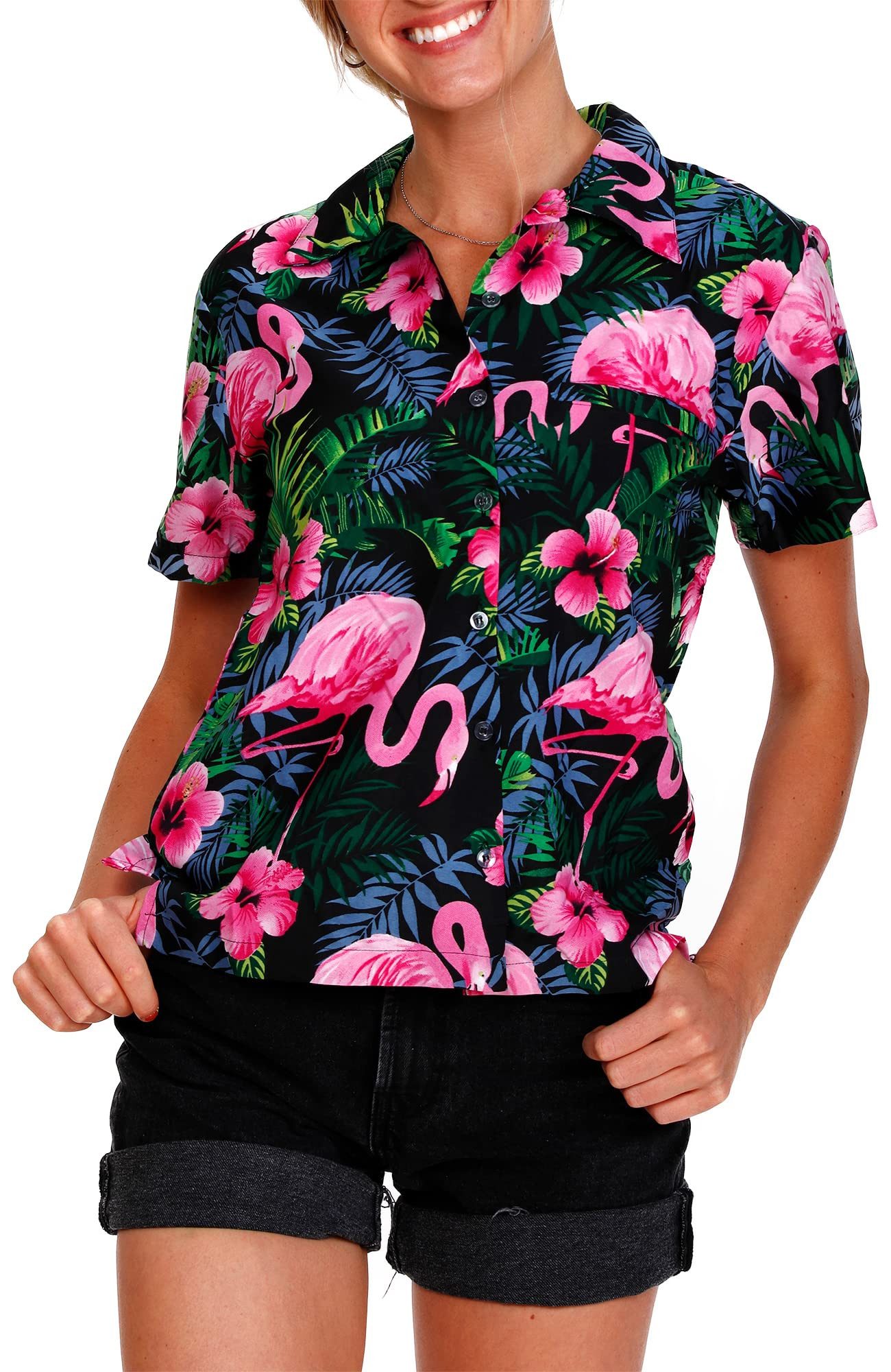 King Kameha Hawaiihemd Flamingo Flowers Funky Hawaiibluse Damen Kurzarm Front-Tasche Stylish