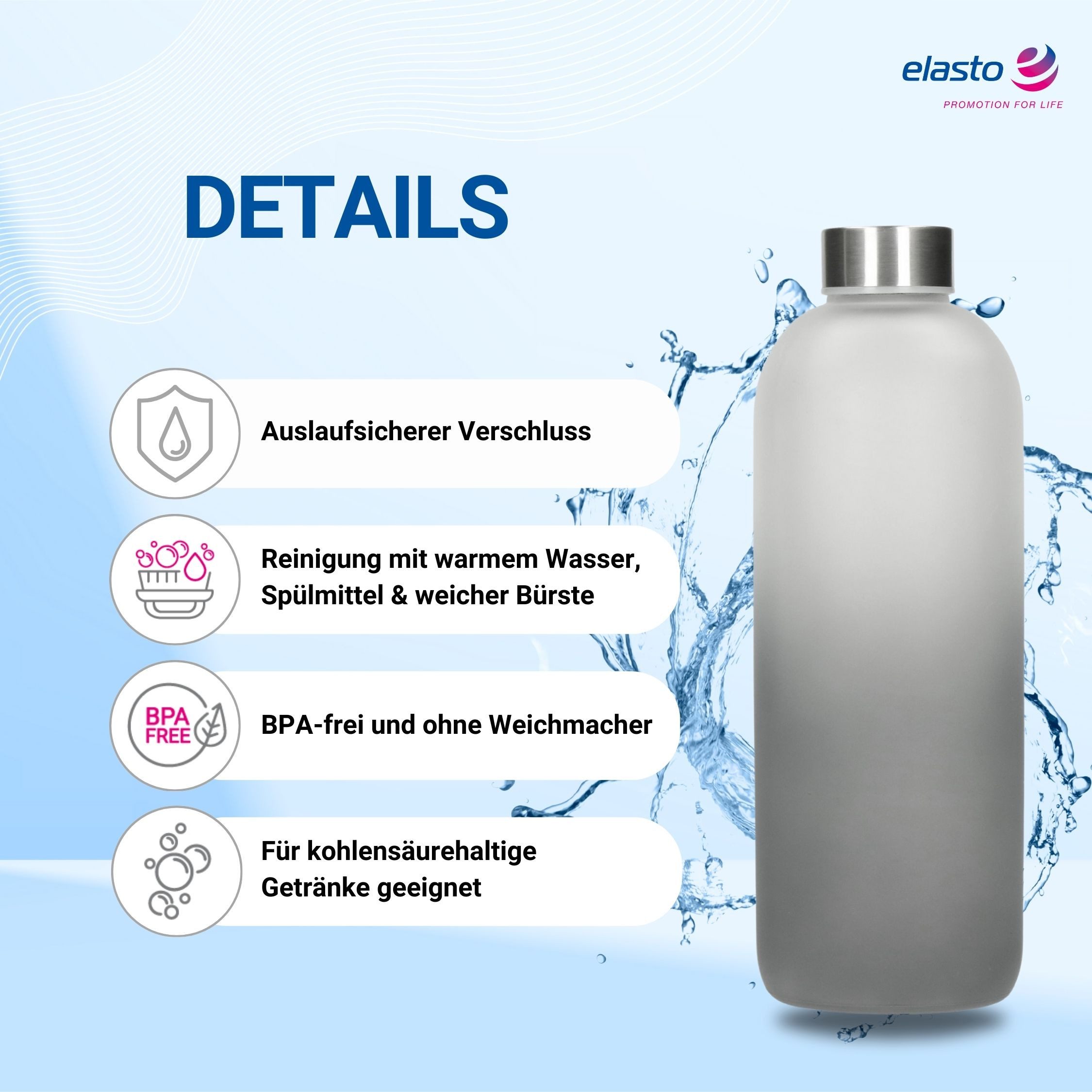 elasto Trinkflasche 1000 ml Wasserflasche "Iced" aus Glas mit Hülle inkl. Deckel, Glasflasche, Teeflasche, Stylisch, Arbeit, Schule, Erwachsene & Kinder