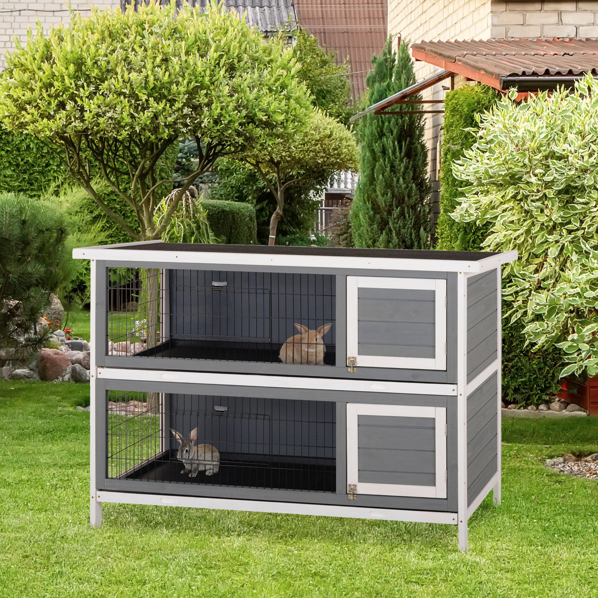 PawHut Kleintierstall mit Bodenwannen, für Kleintiere Kaninchen Indoor Outdoor Grau