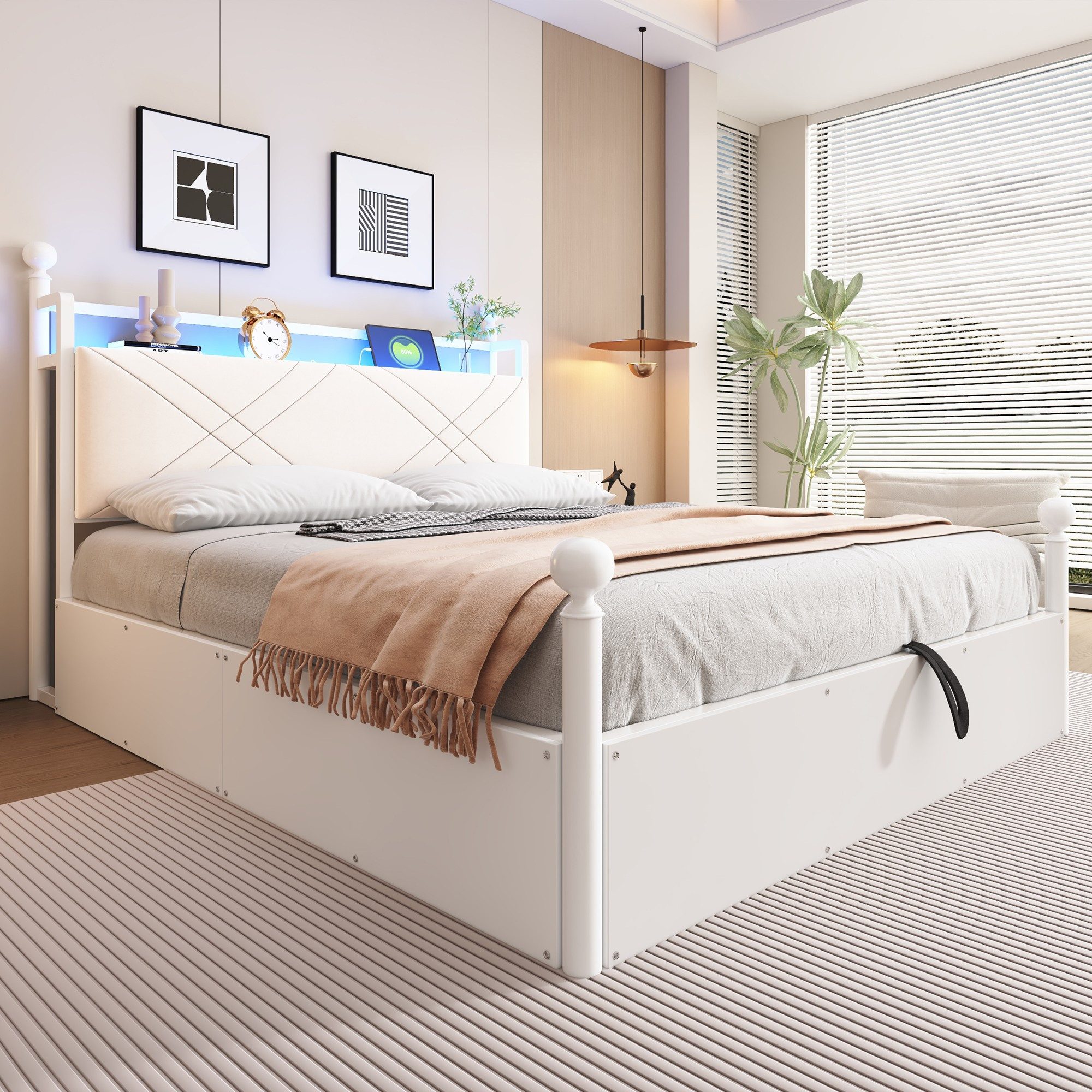 BlingBin Himmelbett Metallbett mit Baldachin, hydraulischem Bettkasten, LED und USB/Type-C (Stauraumbett, 1-tlg., 140x190 cm), Doppelbett aus Schmiedeeisen, mit abnehmbaren Bettpfosten, Weiß