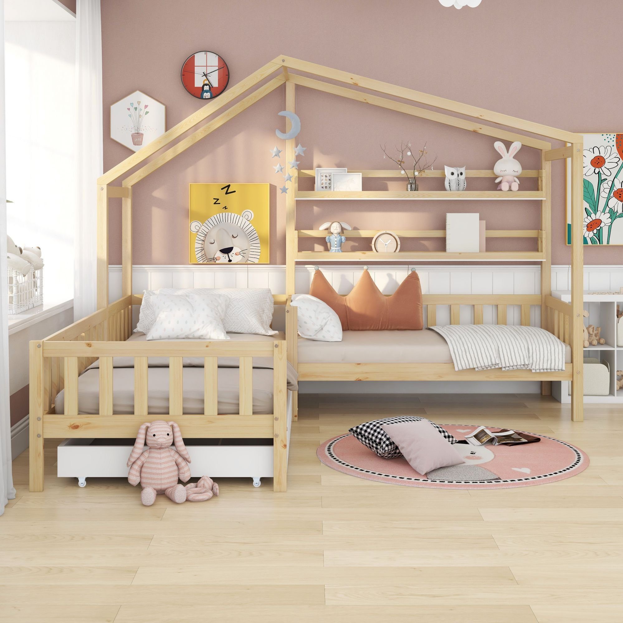 Flieks Kinderbett (1-tlg), Massivholz L-Struktur Hausbett günstig online kaufen