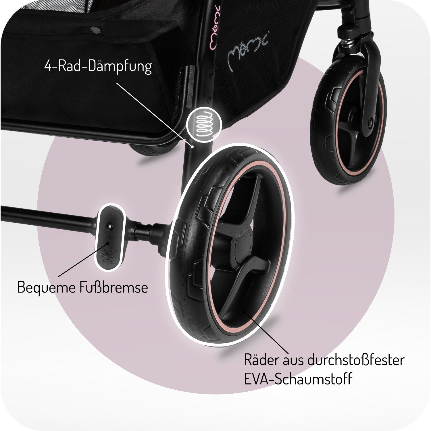 MoMi Kinder-Buggy Miya, (Kinderwagen-Set), Einhand-Faltsystem, große EVA-Räder & XXL-Verdeck