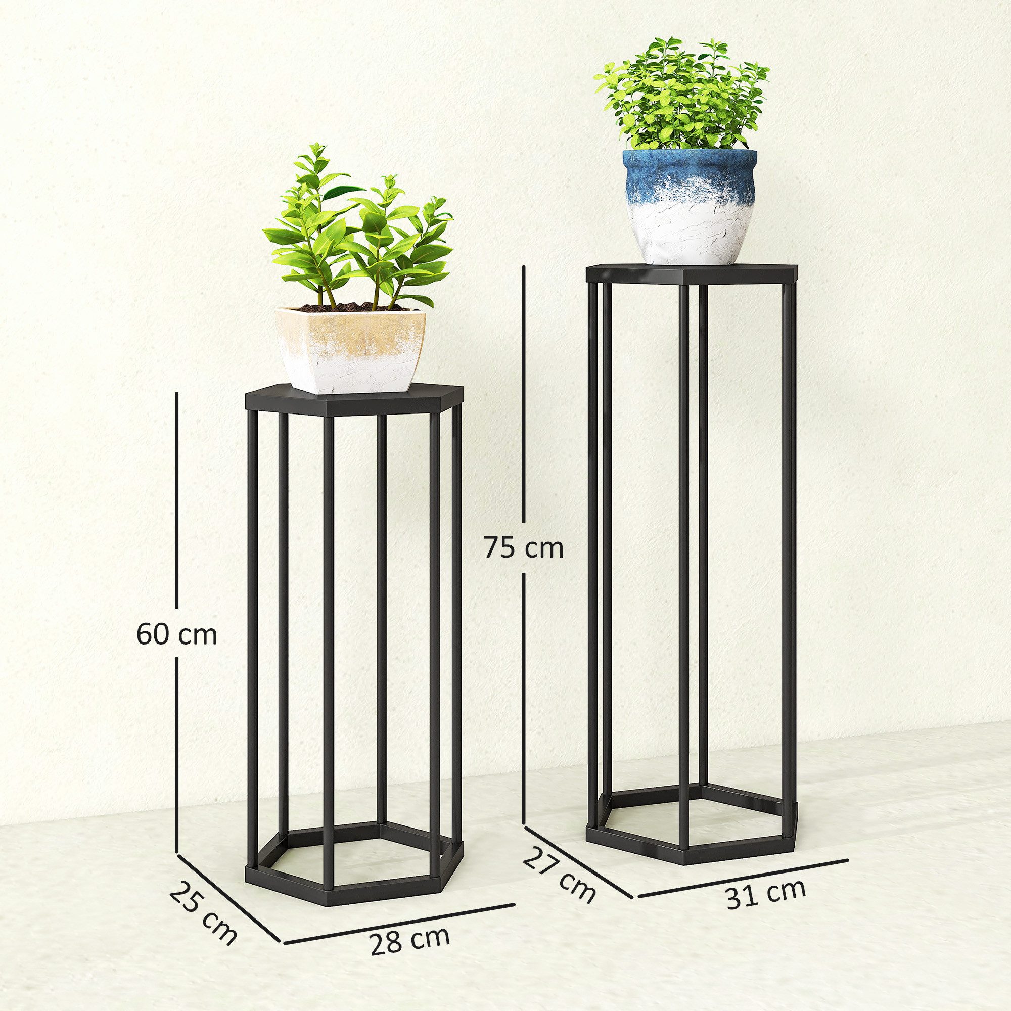 Outsunny Blumenständer Hexagonale für Innen Außen aus Metall Blumenregal, Blumenhocker (Pflanzenregal, 2 St., Pflanzenständer), für Garten Balkon Deko, Schwarz – Bild 3 von 5