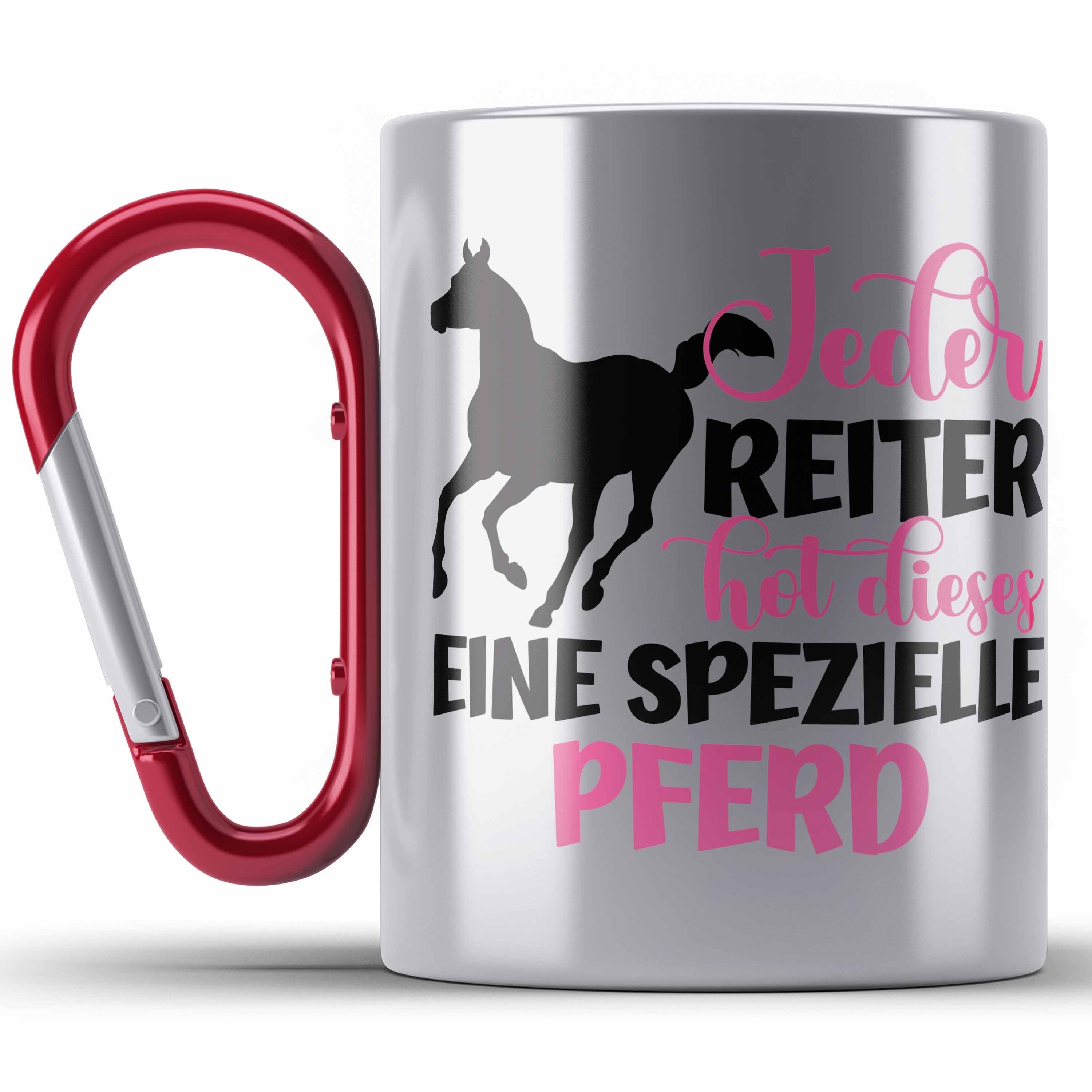 Trendation Thermotasse Pferde Reiter Mädchen Geschenk Edelstahl Tasse Reiten Reiterin Kinder Rot